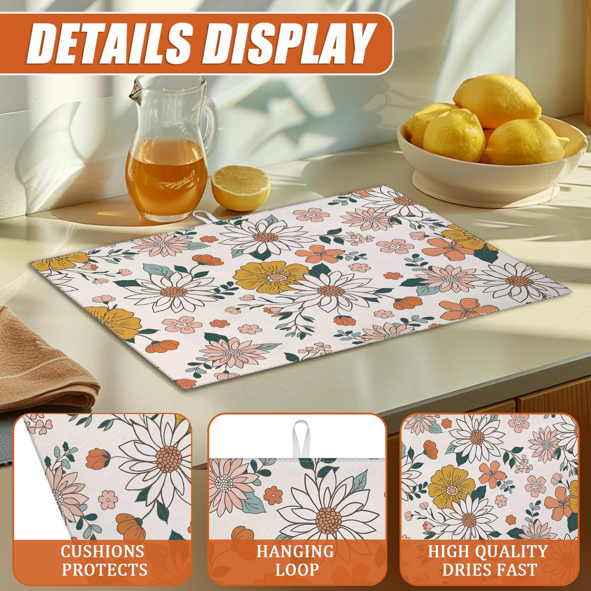 Boho Flower Dish Drying Mat for Kitchen Counter Microfiber Absorbent Dish Kitchen Drying Mat Draining Reusable Washable for Dishes