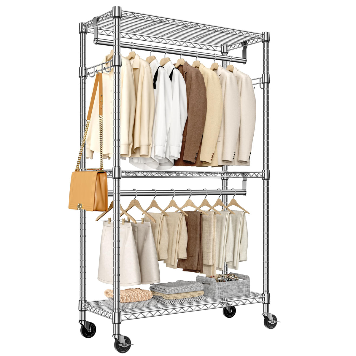 Heavy Duty Rolling Garment Rack 3 Tiers Adjustable Wire Shelving Clothes Rack with 2 Rods and Side Hooks