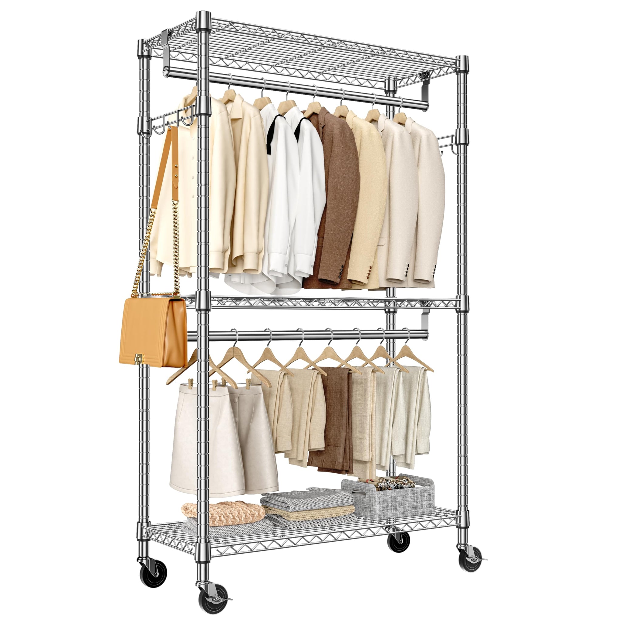 Heavy Duty Rolling Garment Rack 3 Tiers Adjustable Wire Shelving Clothes Rack with 2 Rods and Side Hooks