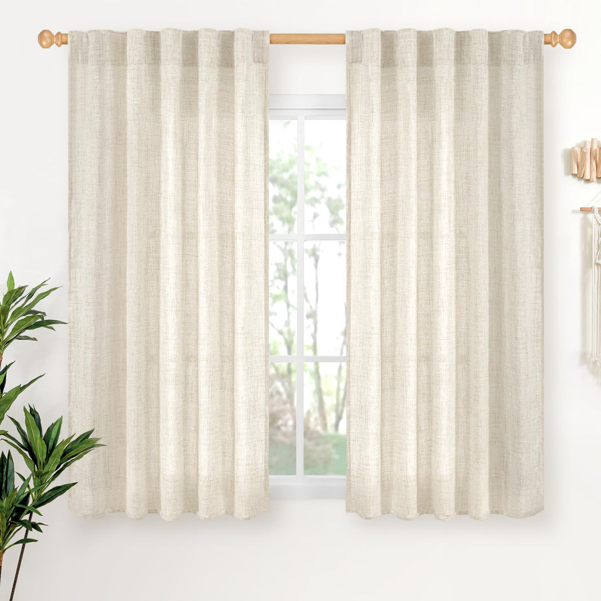 Linen Semi Sheer Curtains 54 Inch Length 2 Panels Rod Pocket (2 Count)