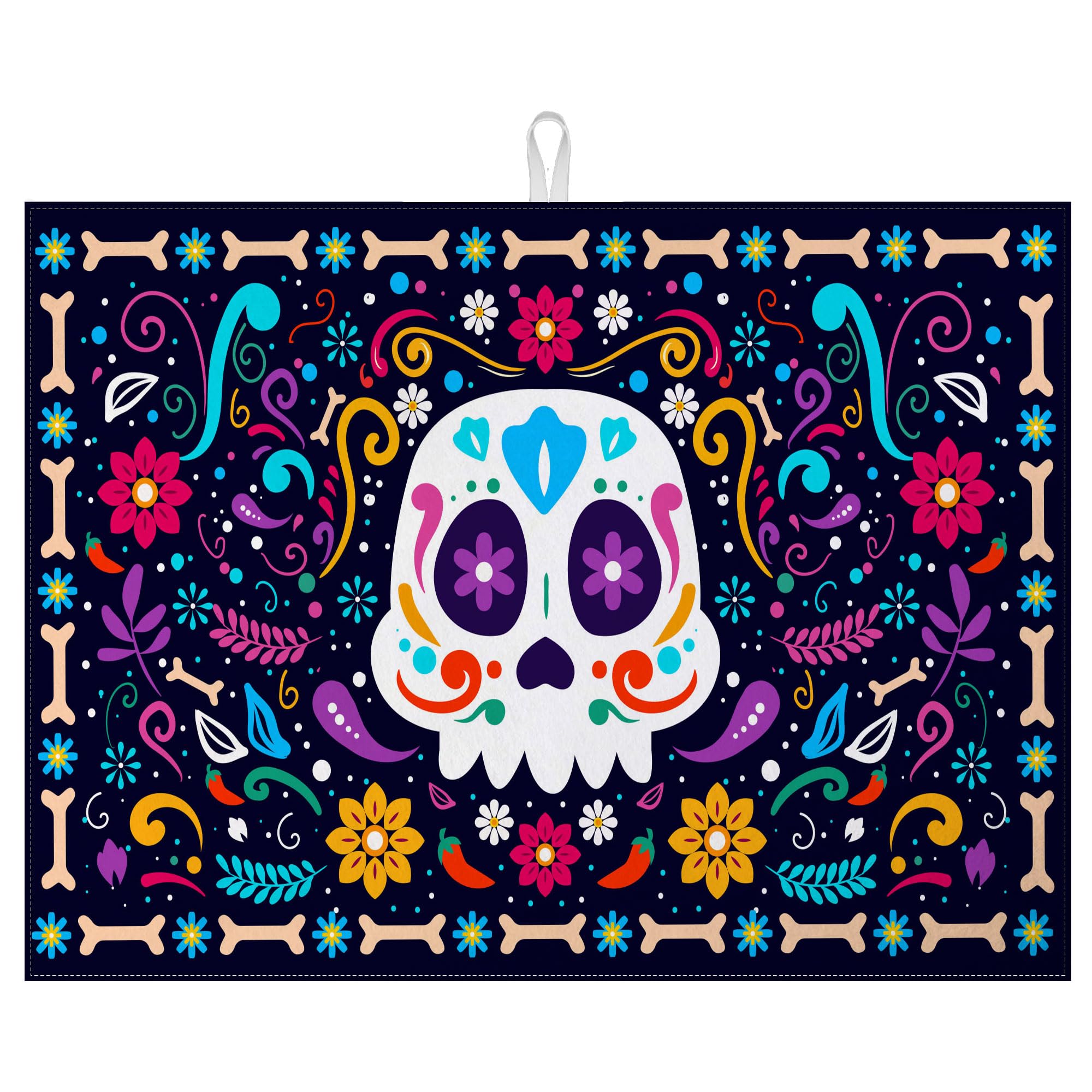 Sugar Skull Dish Drying Mat for Kitchen Counter Microfiber Absorbent Dish Day of the Dead Kitchen Drying Mat Draining Reusable Washable for Dishes