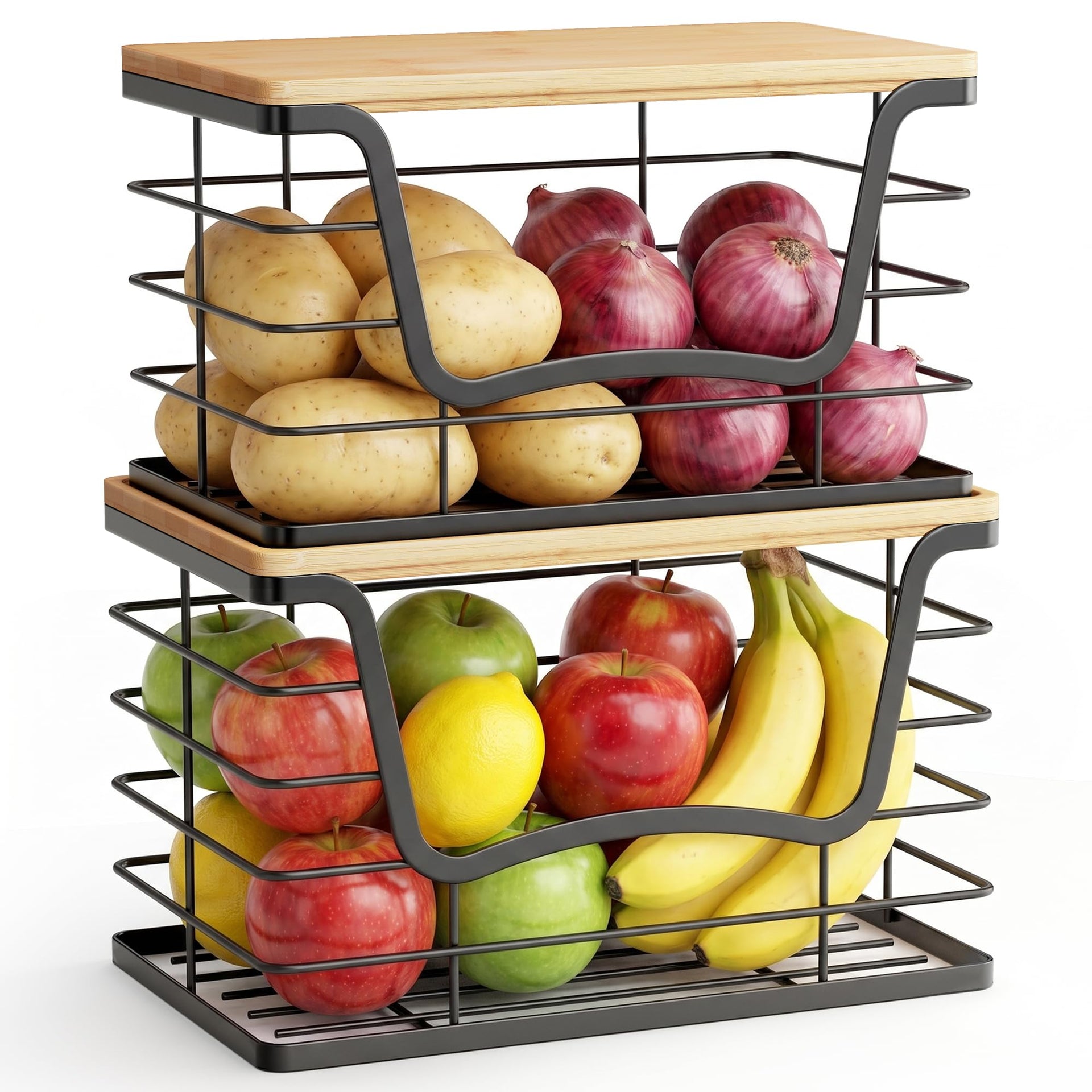 2 Pack Stackable Wire Storage Basket with Bamboo Lid