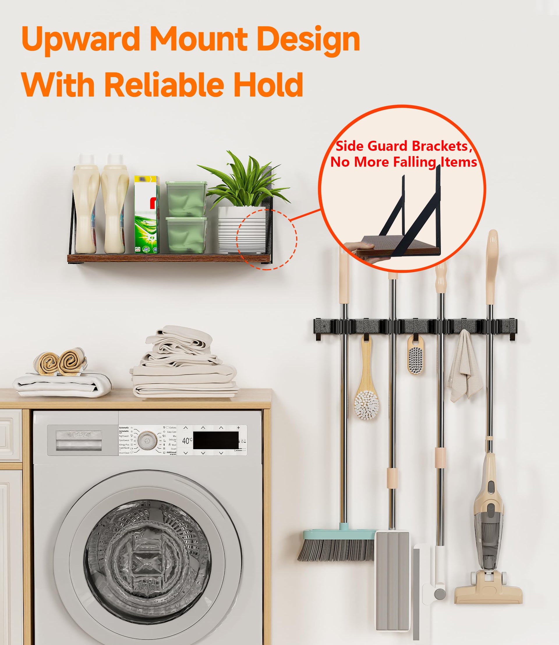 1Pack Broom Holder with Organizer Shelf 4 Broom Slots 5 Removable Hooks
