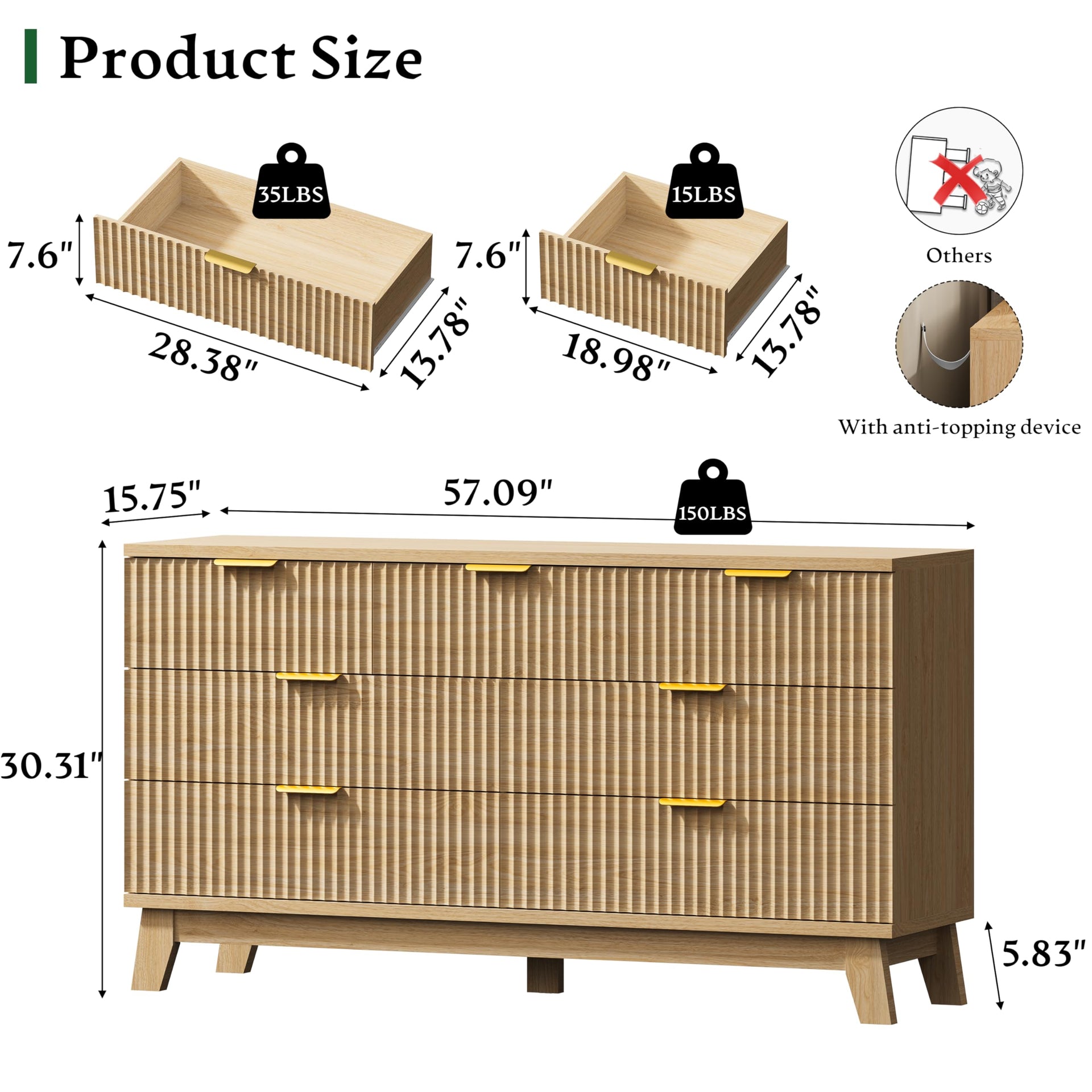 Fluted Dresser with 7 Drawers