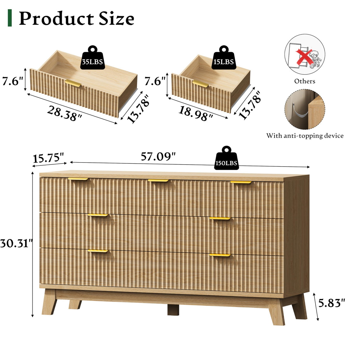 Fluted Dresser with 7 Drawers