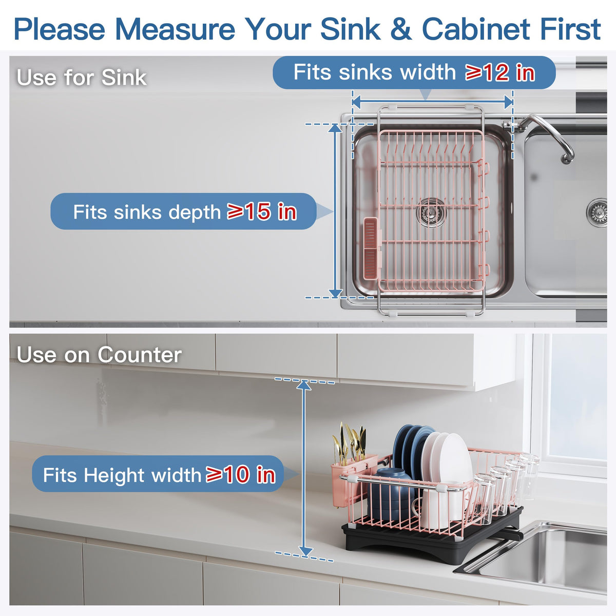 Pink Dish Drying Rack in Sink with Drainboard and Utensil Holder