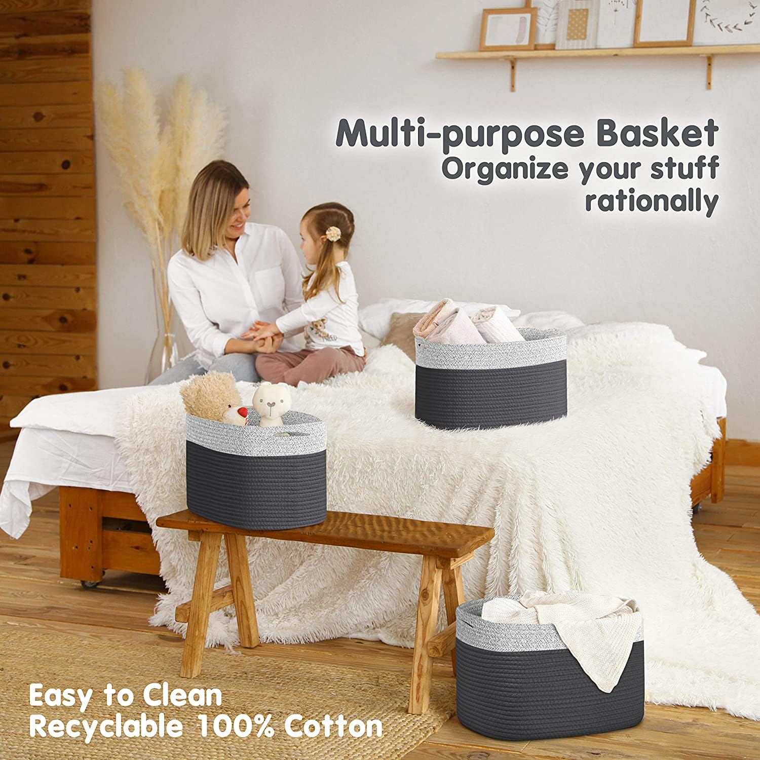 Cotton Rope Baskets for Organizing I Storage Baskets for Shelves (3 Count)