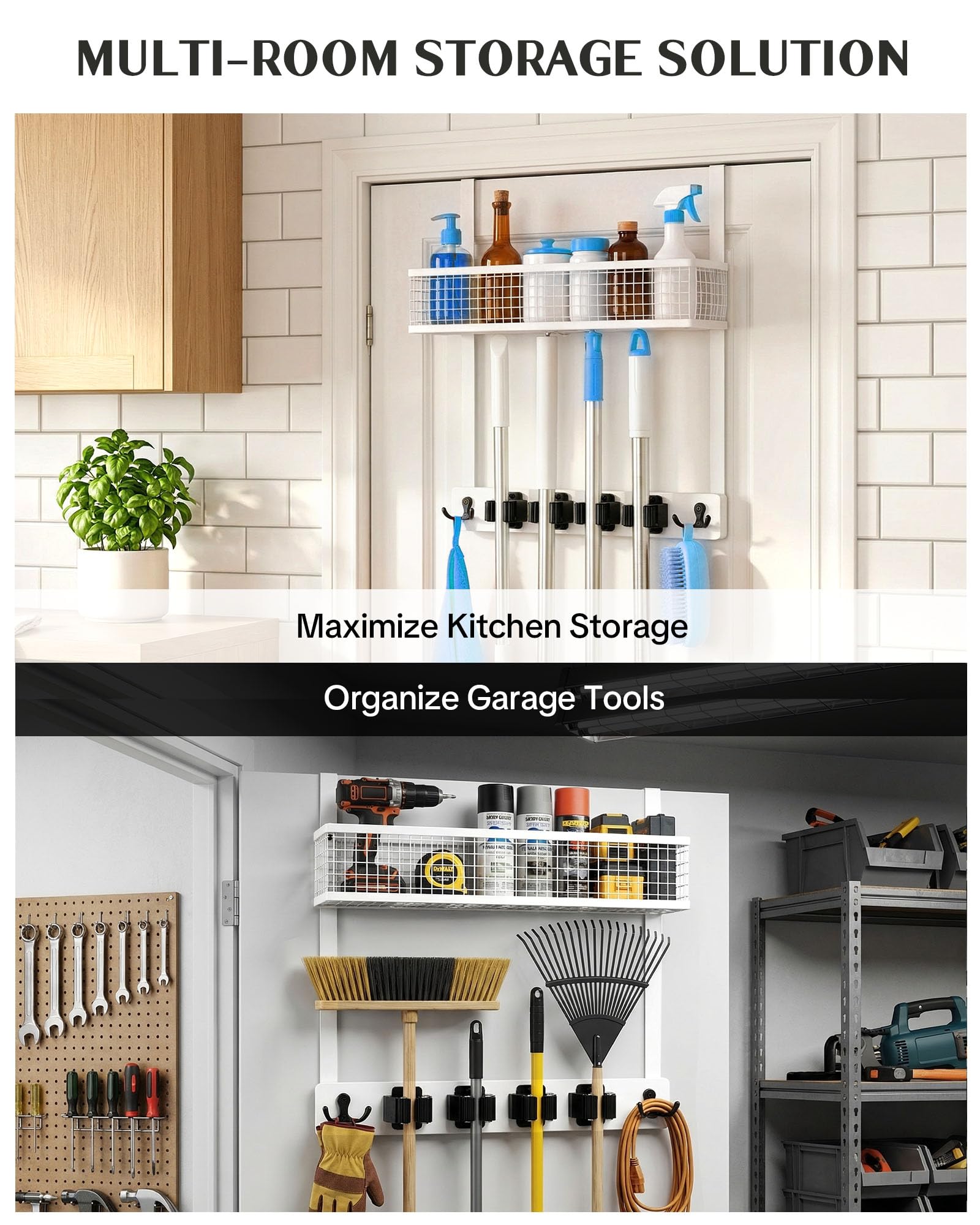 Over the Door Broom and Mop Holder with Basket