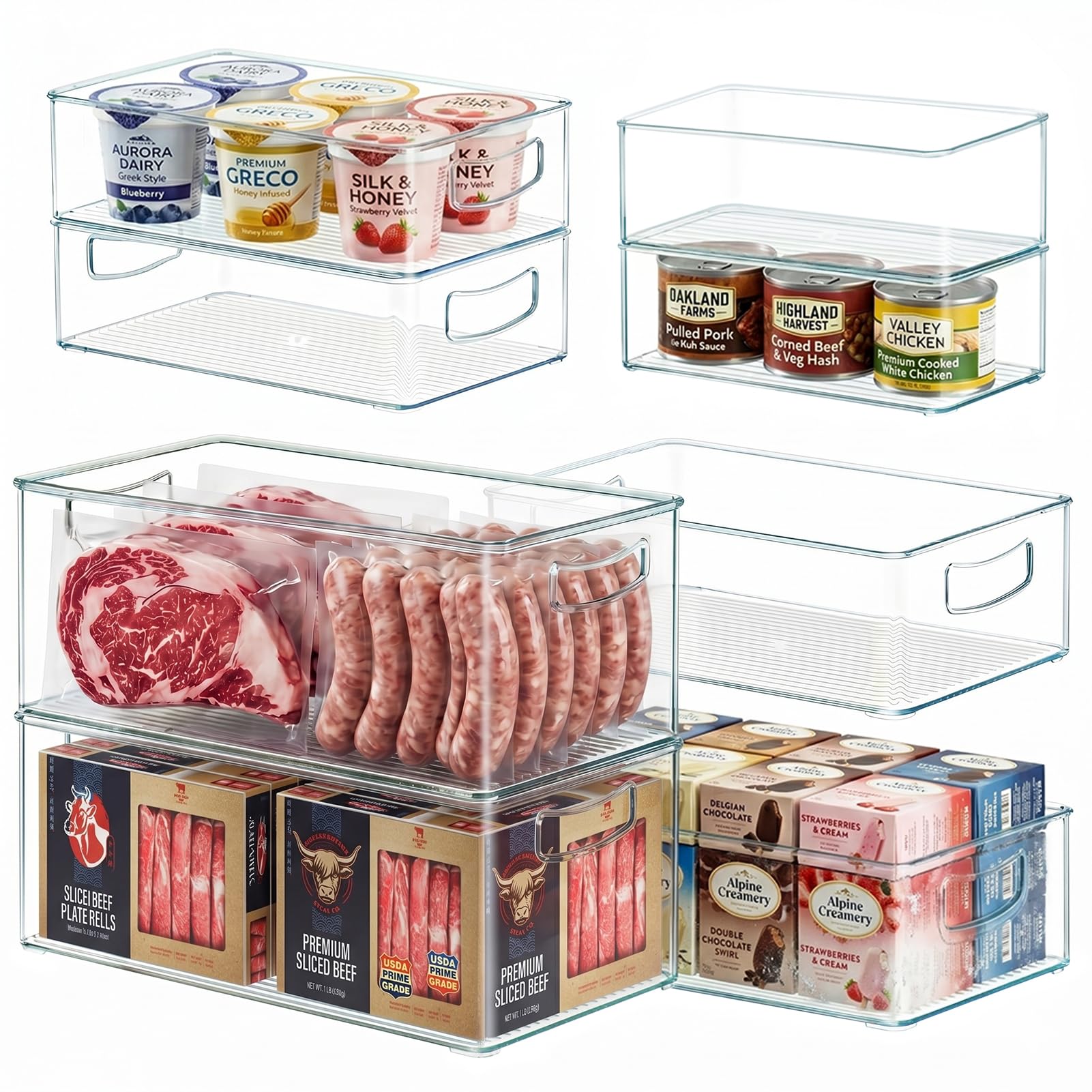 8 PACK Freezer Organizer Bins Fridge Organizers and Storage Stackable Refrigerator Organizers Bins with Side Handles Clear Storage Bins for Pantry (8 Count)
