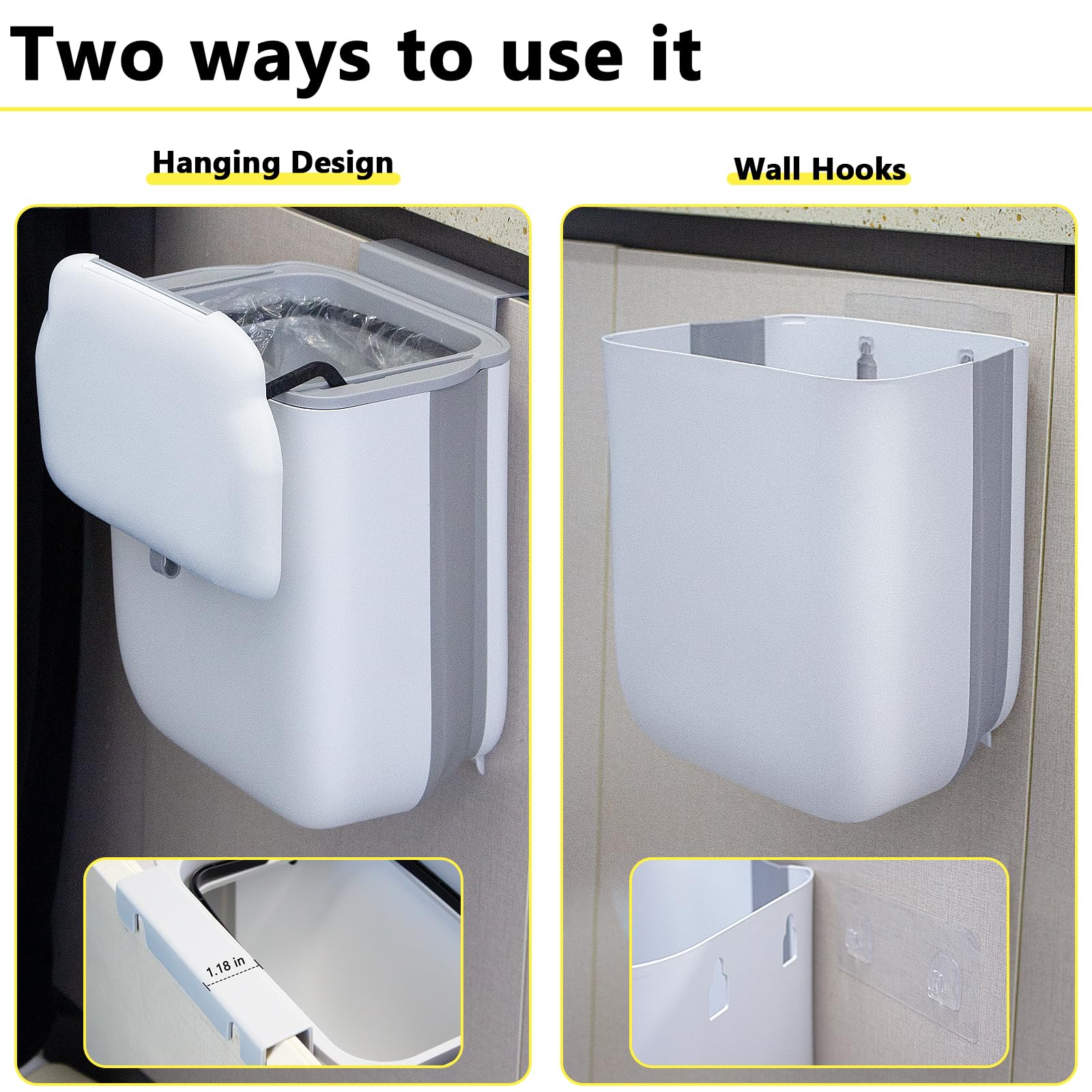 3.2 Gallon Foldable Hanging Trash Can with Lid for Cabinet Door