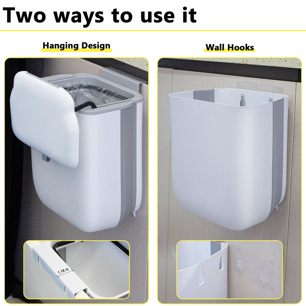 3.2 Gallon Foldable Hanging Trash Can with Lid for Cabinet Door
