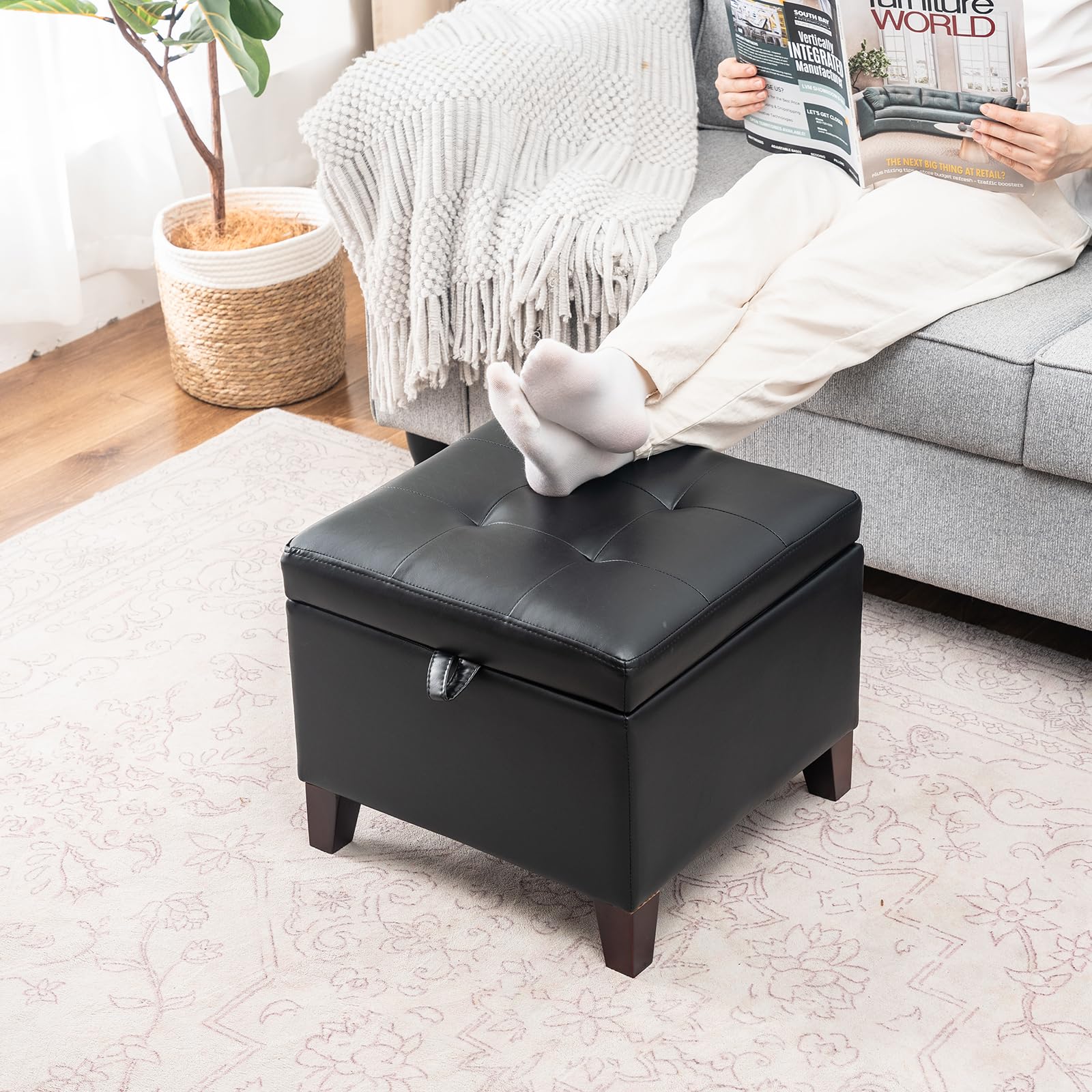17.7" Square Faux Leather Storage Ottoman
