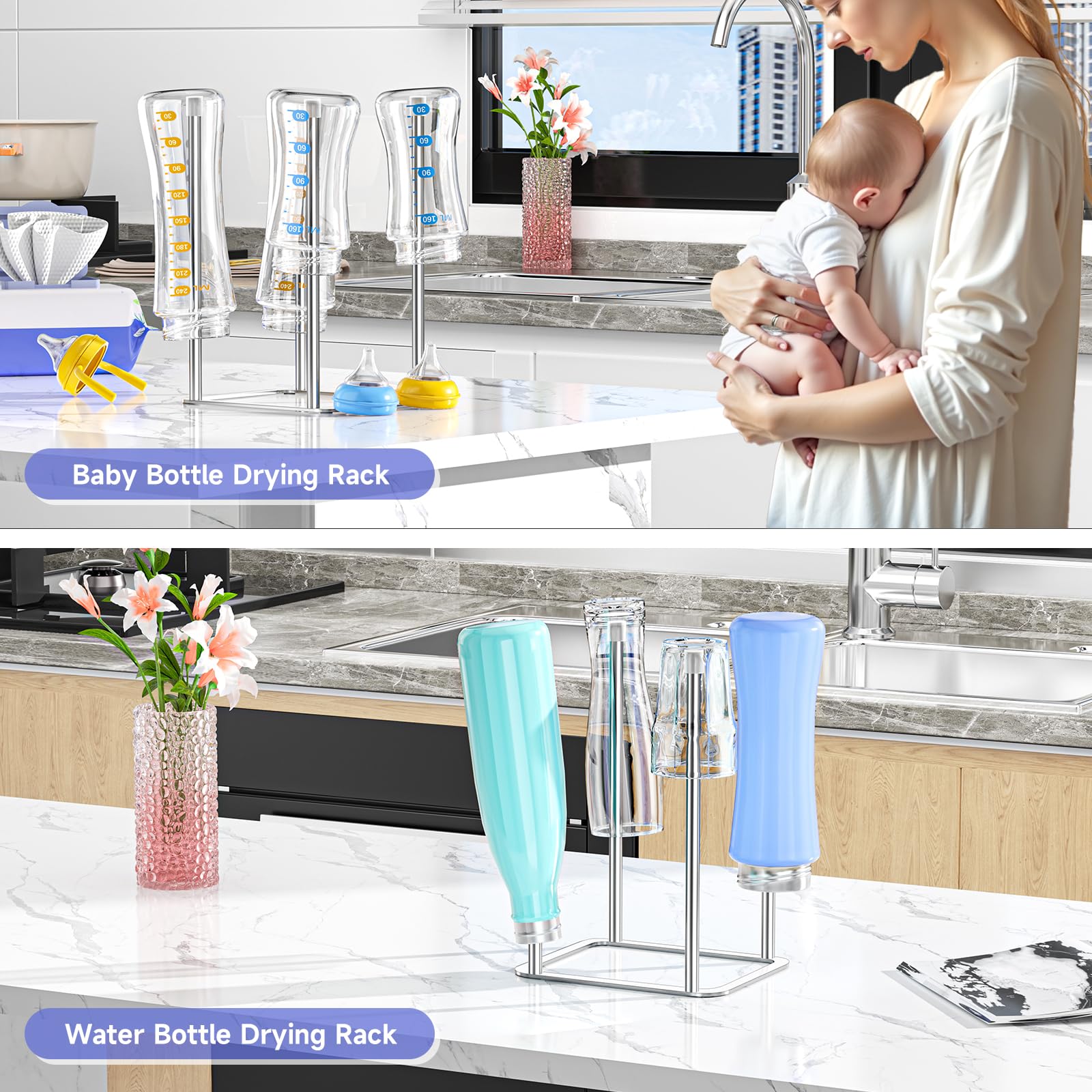 Water Bottle Drying Rack Reusable Bottle Rack Dryer Kitchen Stand Holder Metal Countertop Baby Bottle Drying Rack Water Cup Drying Rack for Plastic Bags