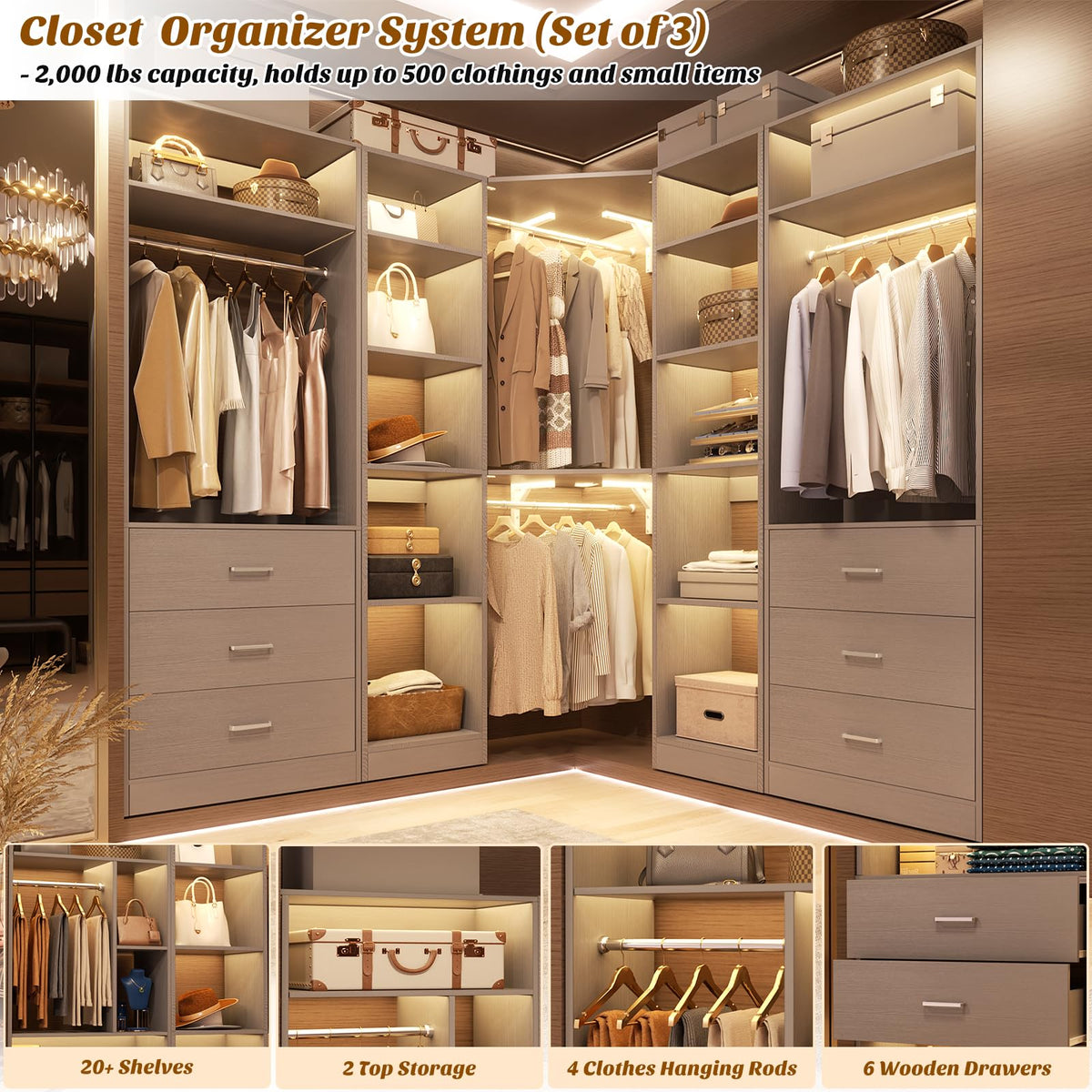 Corner Closet System with 6 Drawers