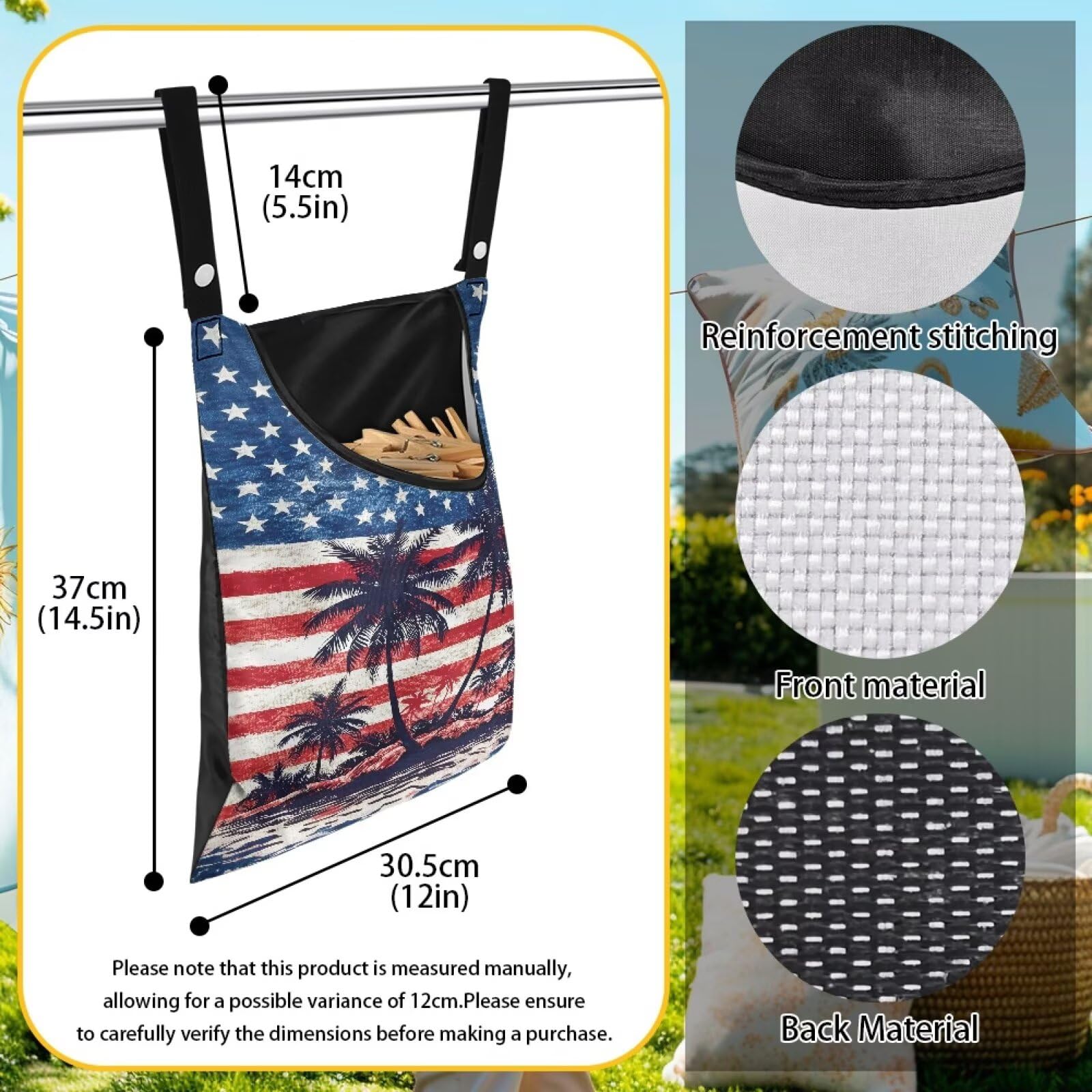 American Flag Clothes Pin Bag to Hang On Line Palm Tree Reusable Clothespin Holder Laundry Room Clothespin Holder with Large Opening Space