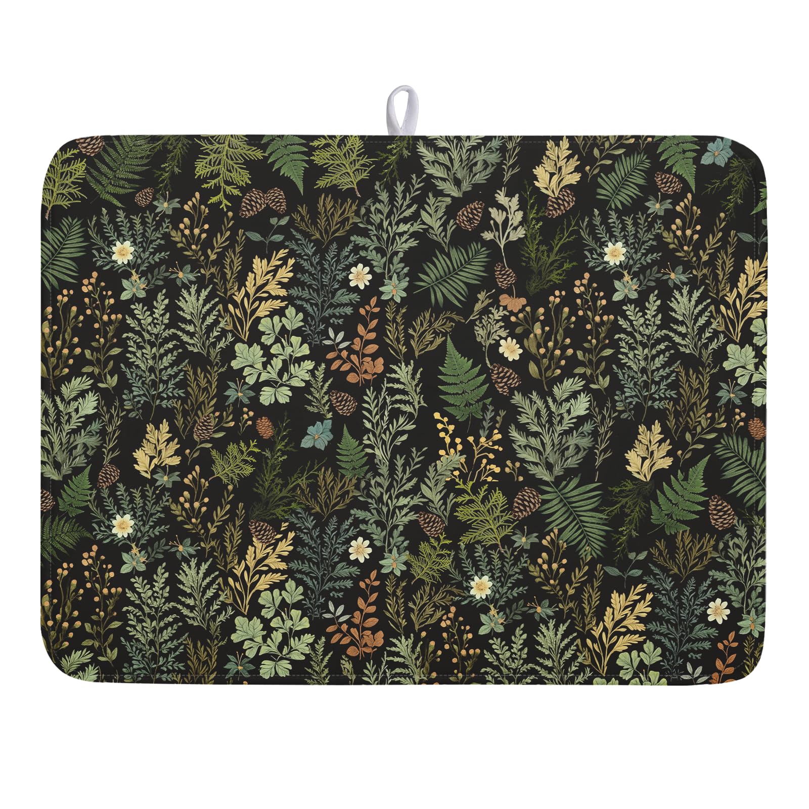 Black Green Botanical Dish Drying Mat for Kitchen Counter 18x24 Inch Super Absorbent Microfiber Kitchen Drying Mat Green Plant Fern Leaves Floral Dish Reusable Washable Dish Drying Pad for Coffee Bar