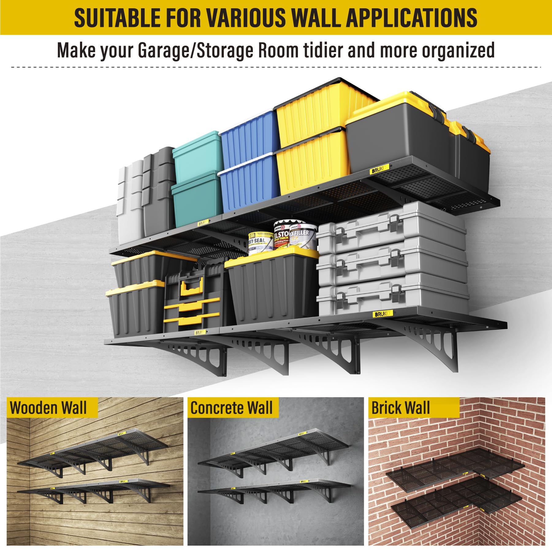 4Pack 2x3ft Adjustable Metal Garage Wall Shelving Heavy Duty Garage Storage Shelf Wall Mounted Black (4 Count)