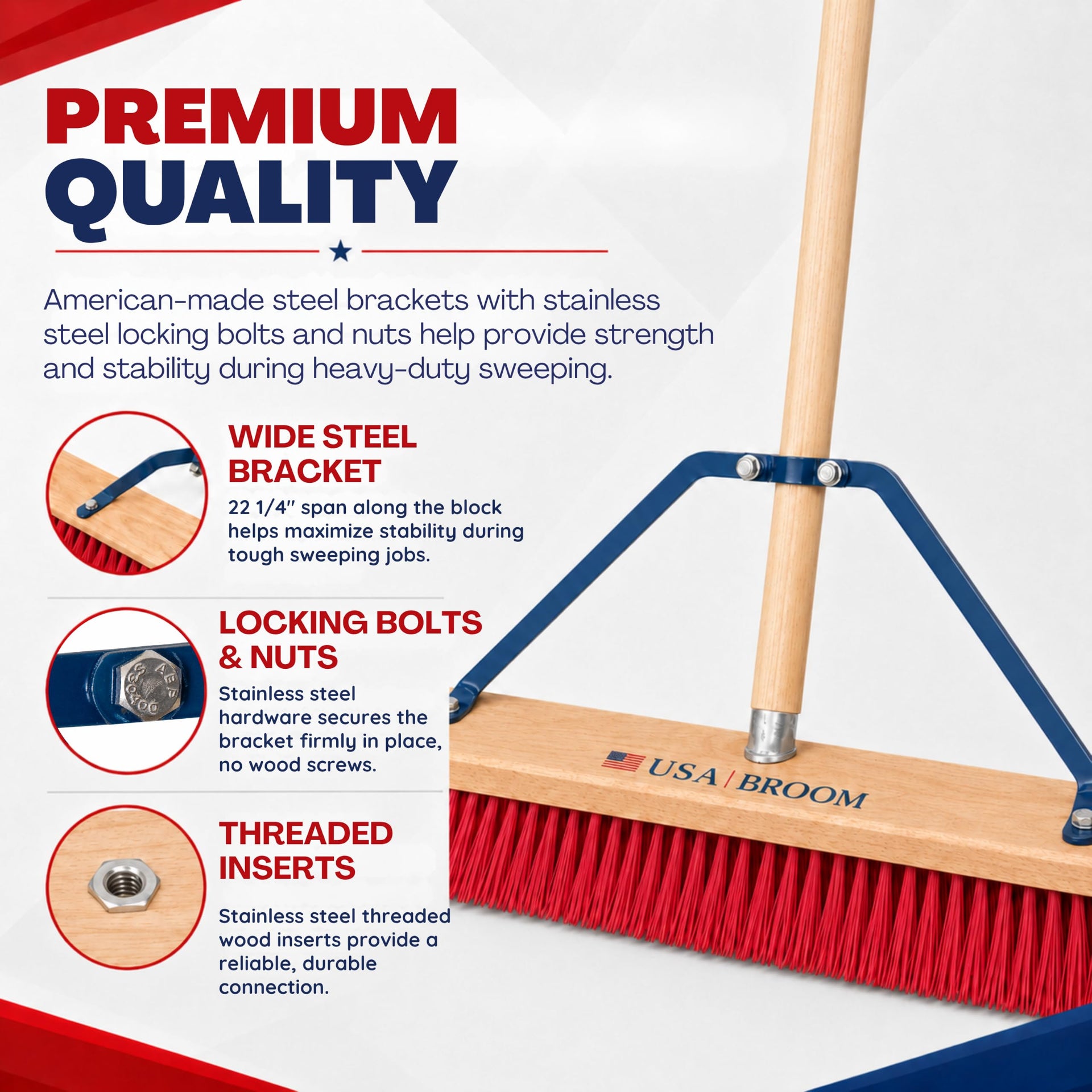 4-Pack - 24" Soft Sweep Indoor Push Broom with 60" Handle. Ideal for Epoxy & Polished Floors. Durable American Made Steel Brackets-Stainless Steel Hardware. No Plastic. 100% USA Made (4 Count)
