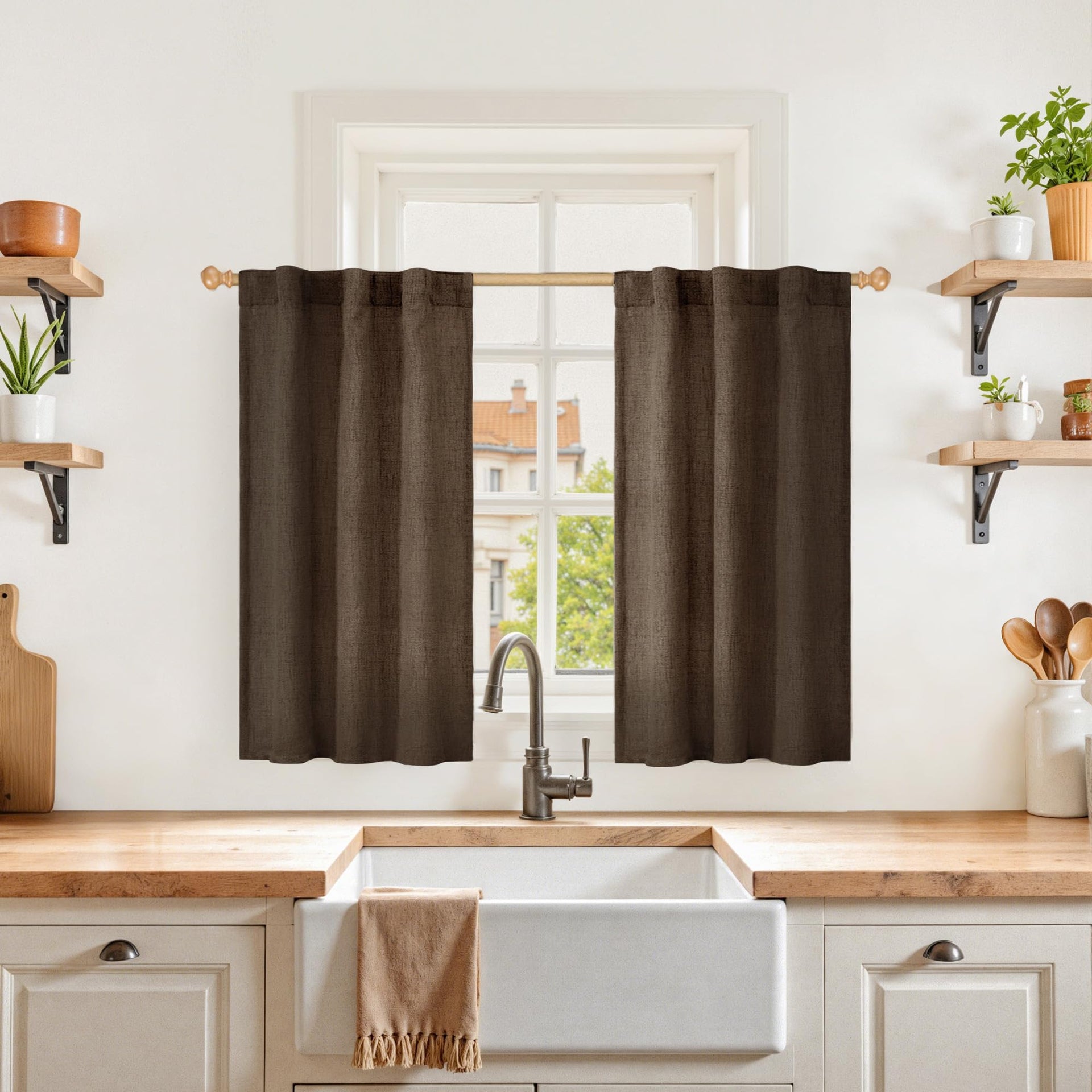 Brown Linen Kitchen Curtains 36 Inch Length (2 Count)