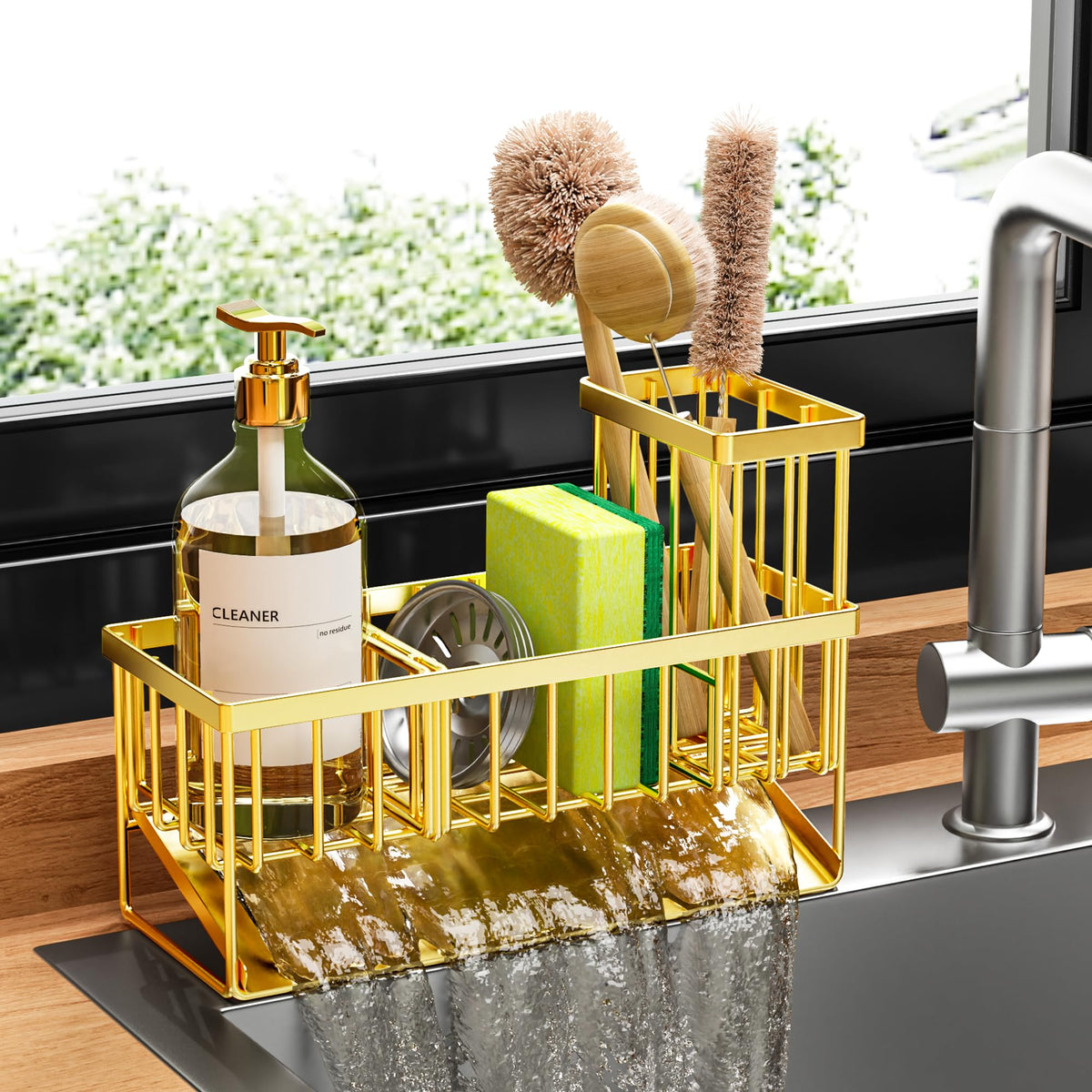 Gold Kitchen Sink Caddy Organzier with High Brush Holder