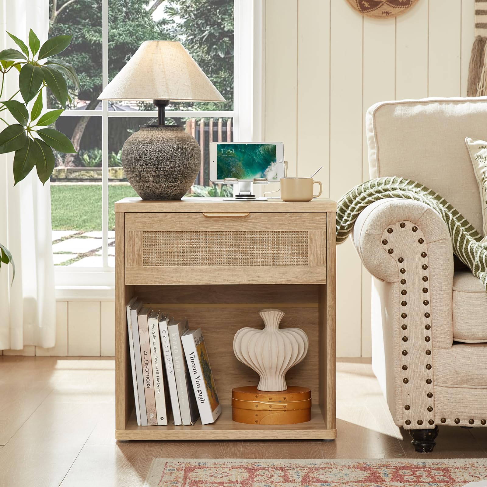 Rattan Nightstands Set of 2 with Charging Station (2 Count)