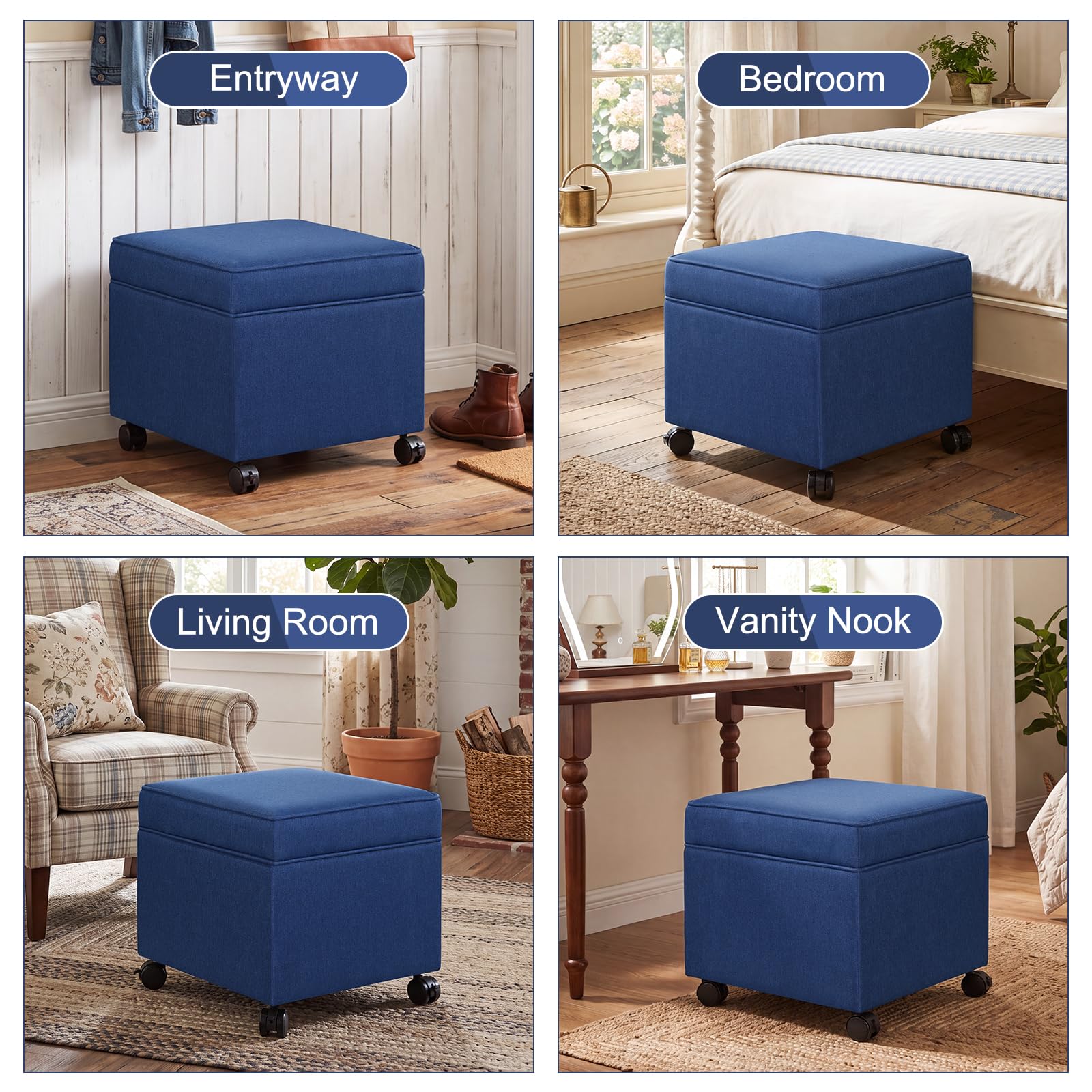 17.5" Navy Blue Square Fabric Storage Ottoman with Rolling Legs
