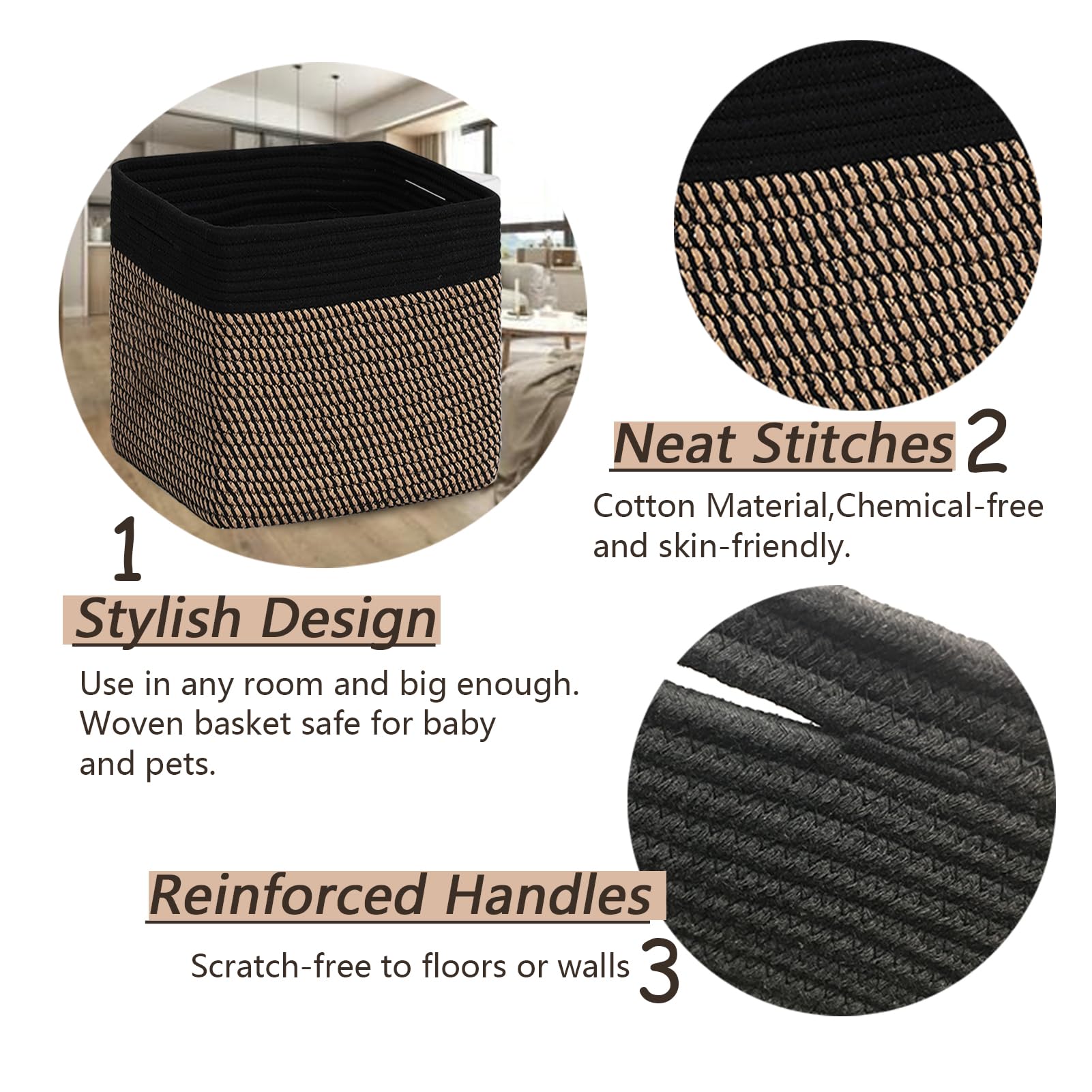 3PACK Cotton Rope Square Basket with Handles for Shelves