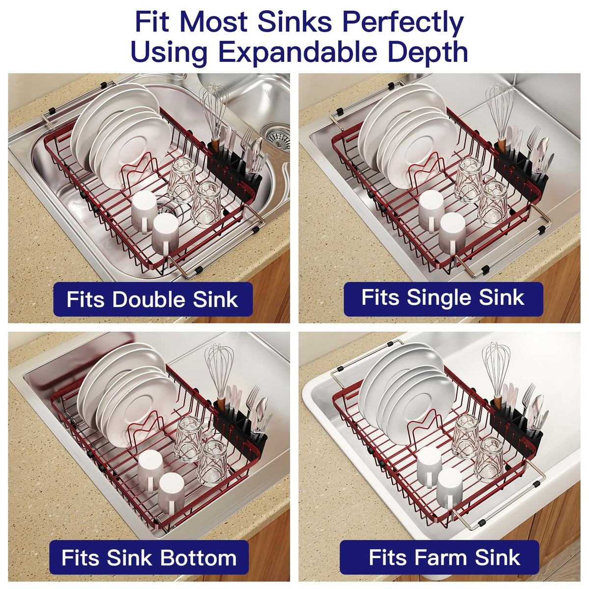 Red Dish Drying Rack Over The Sink with Utensil Holder