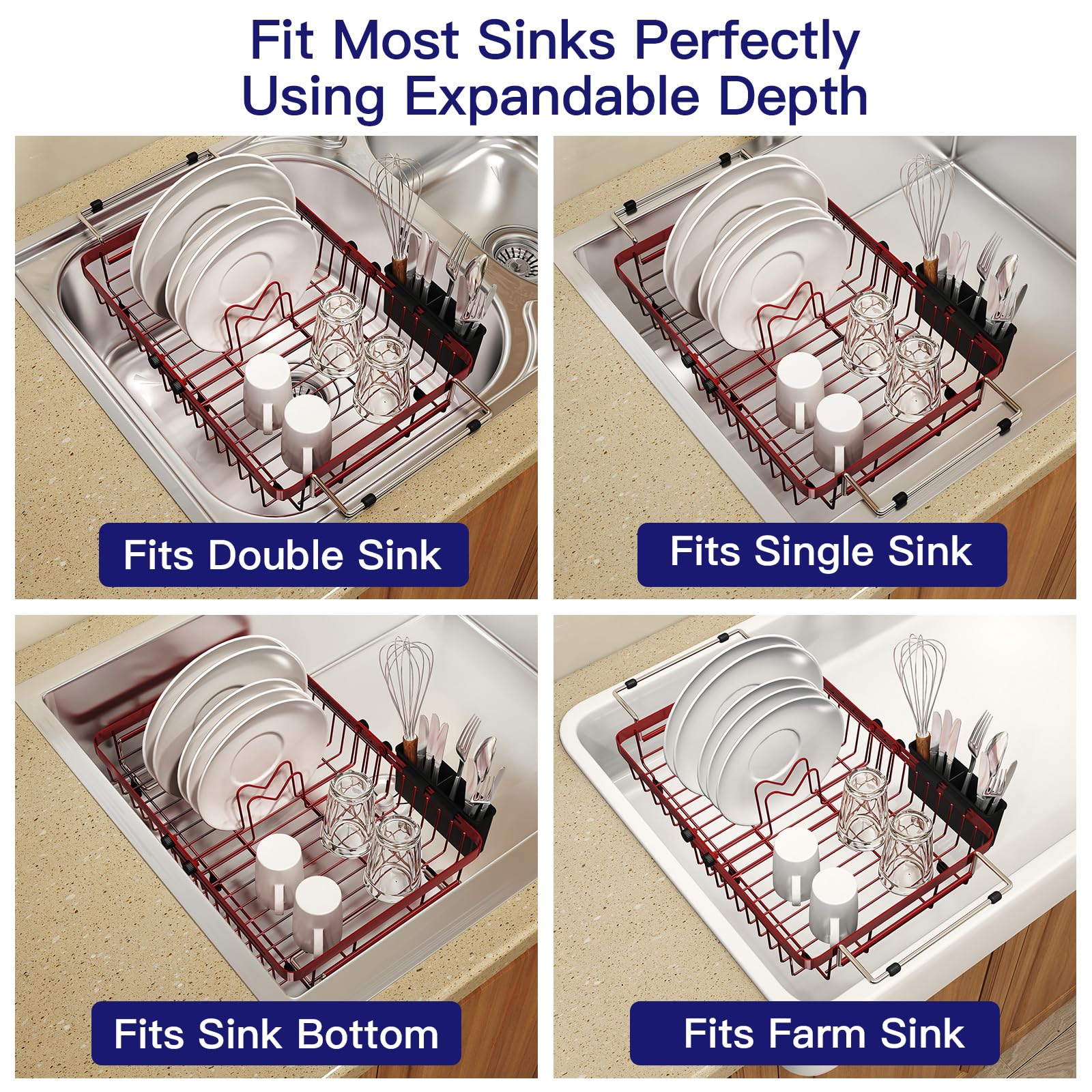 Red Dish Drying Rack Over The Sink with Utensil Holder