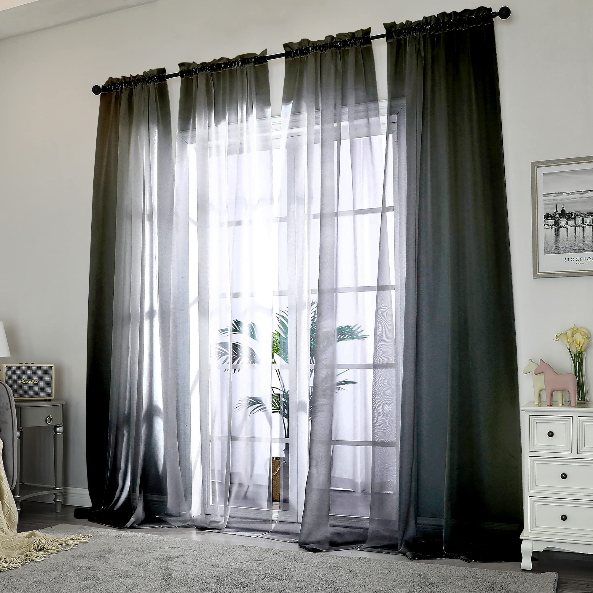 Extra Long Black Sheer Curtains 144 inch 2 Panels Set