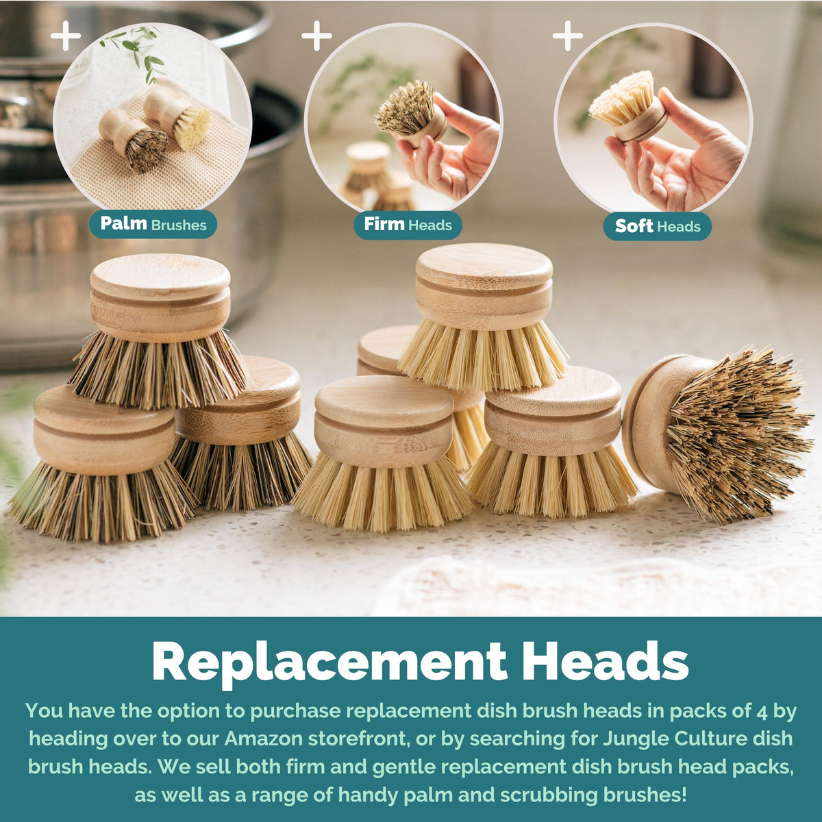 Bamboo Dish Brush • 3 Swap Heads & Loofah Sponge • 4 Piece (4 Count)