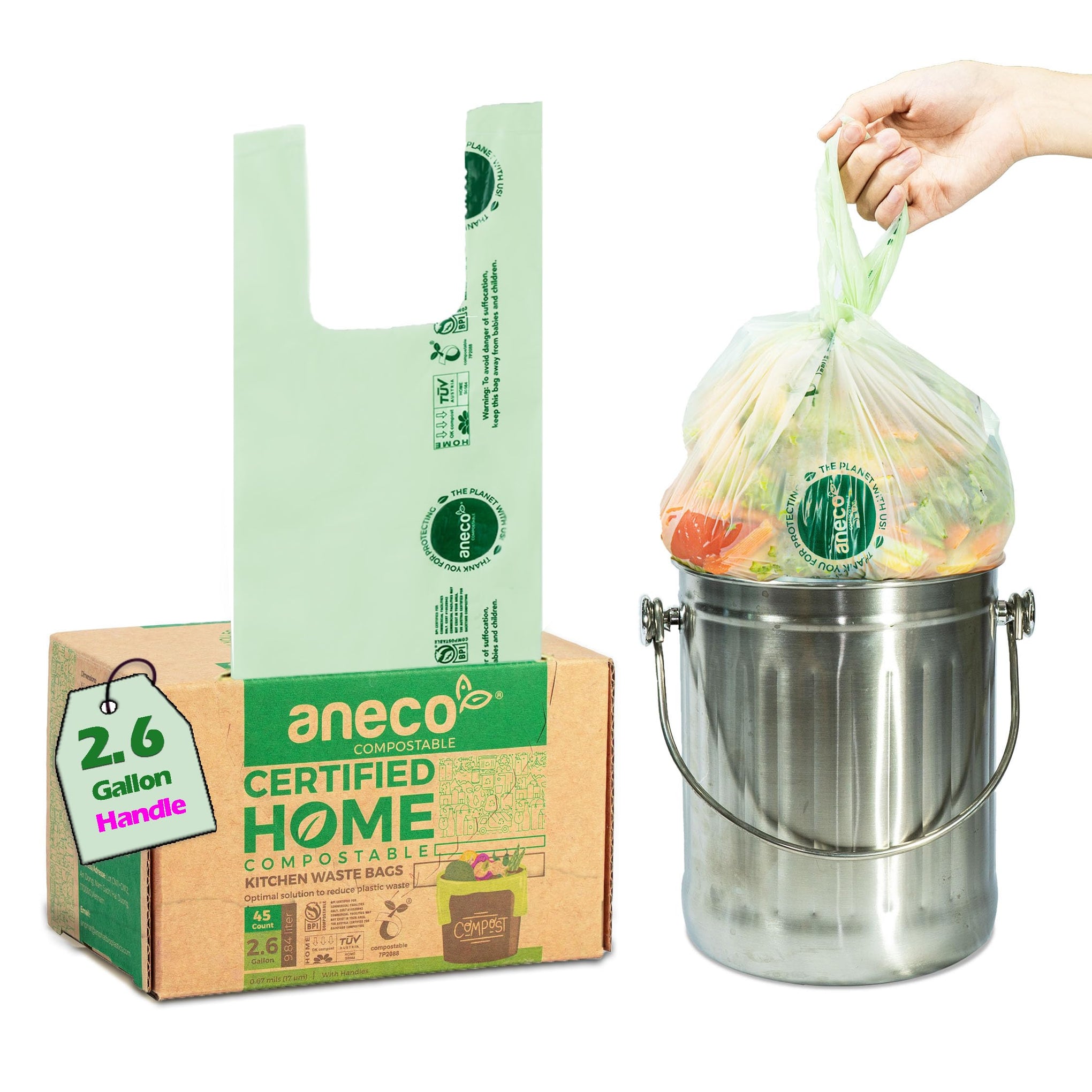 100% Compostable Food Waste Bags 2.6 Gallon With Handles (45 Count)
