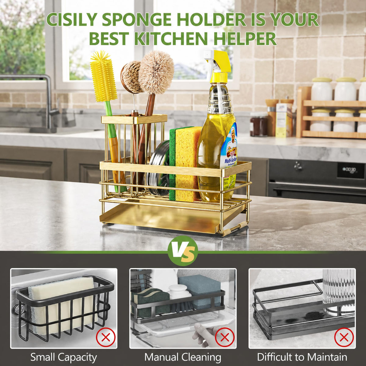 Gold Sink Caddy Sponge Holder for Kitchen with Brush Holder and Stainless Steel Self Drain Tray