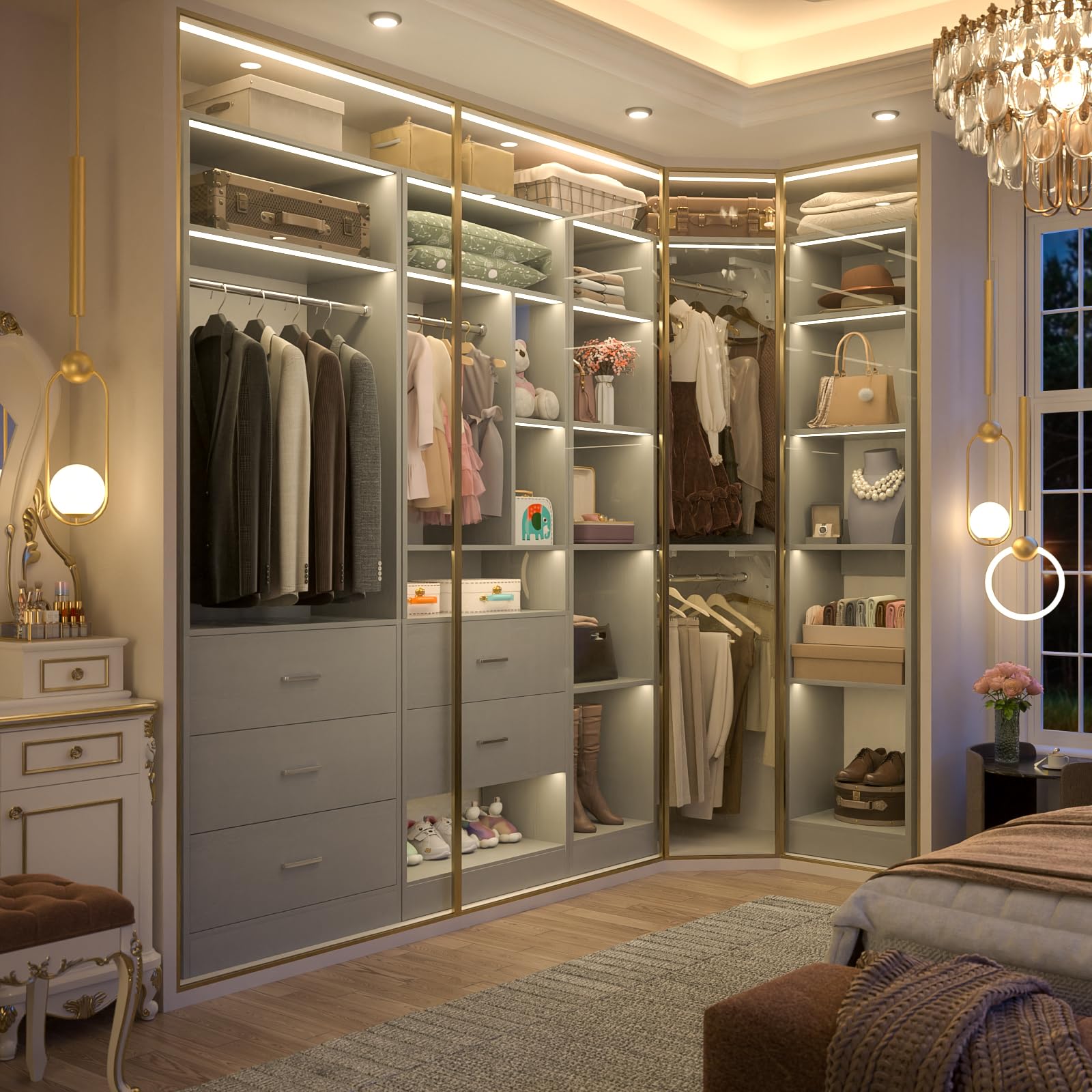 Corner Closet System with 5 Drawers