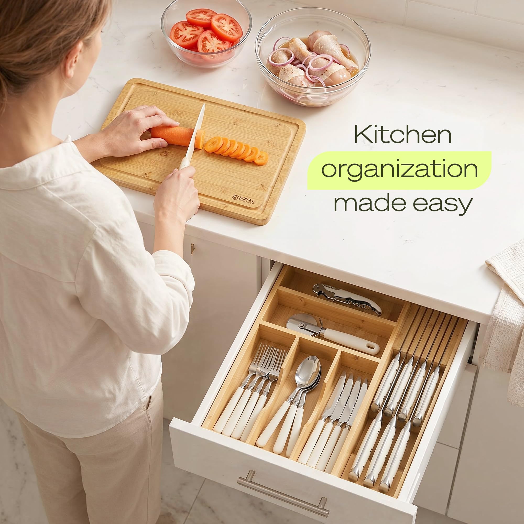 Drawer Organizer with Knife Block for Kitchen Organization