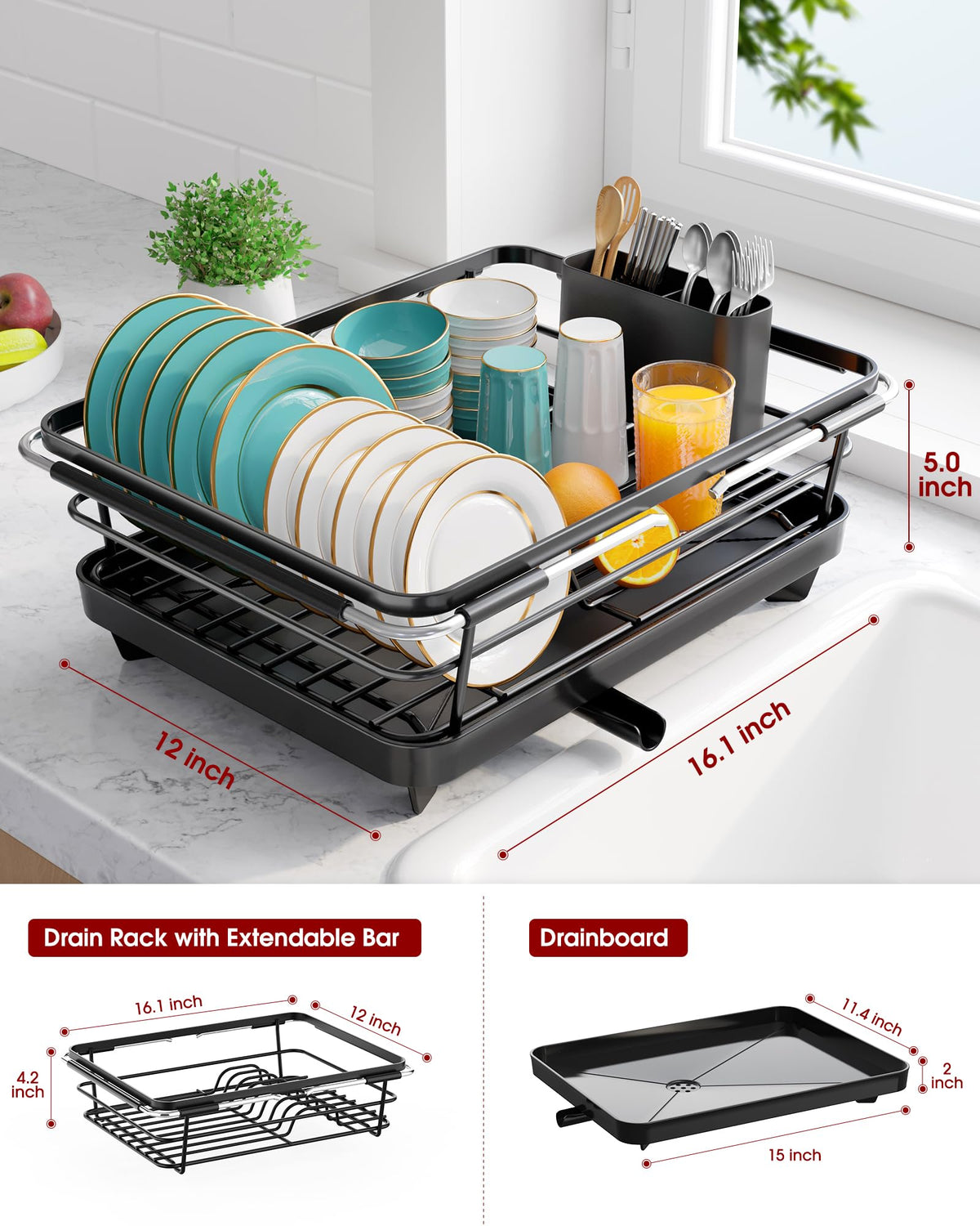 Extendable Dish Drying Rack Over Sink with Dish Drainer