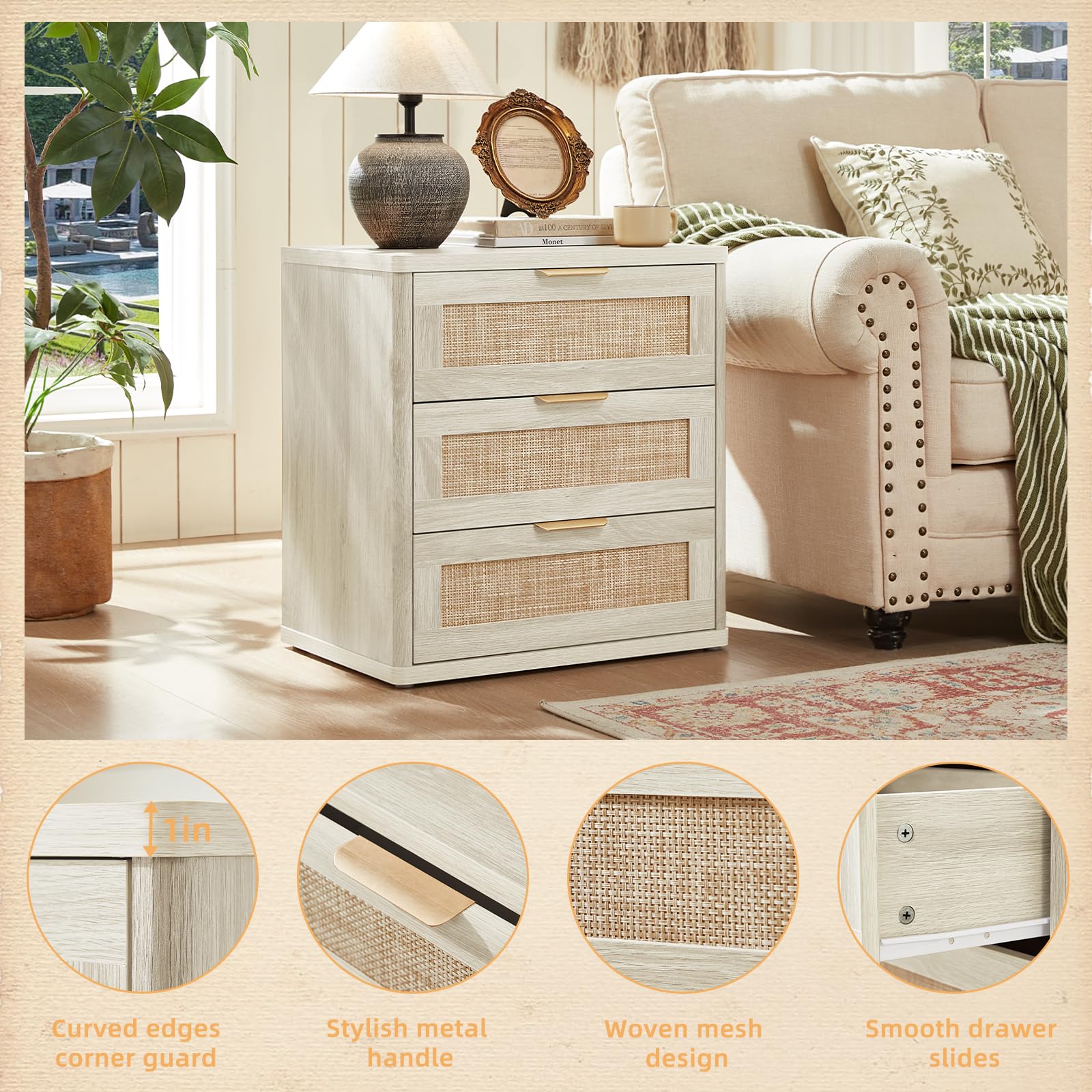 Rattan 23" Nightstands with Drawers for Bedroom (2 Count)