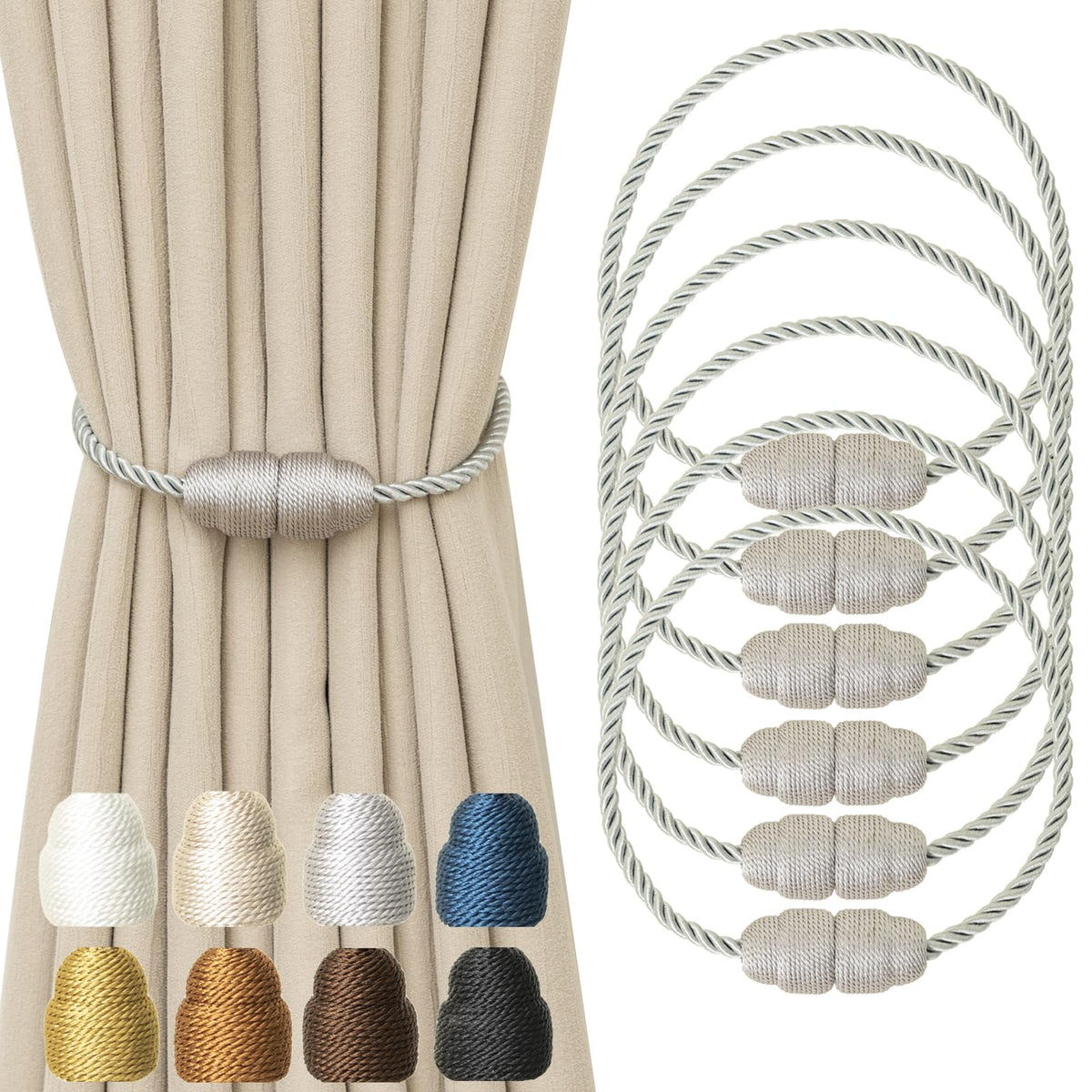Magnetic Curtain Tiebacks Rope Curtain Tie Backs for Curtains 6 Pack Curtain Holders for Drapes Decorative Window Curtain Holdbacks (6 Count)