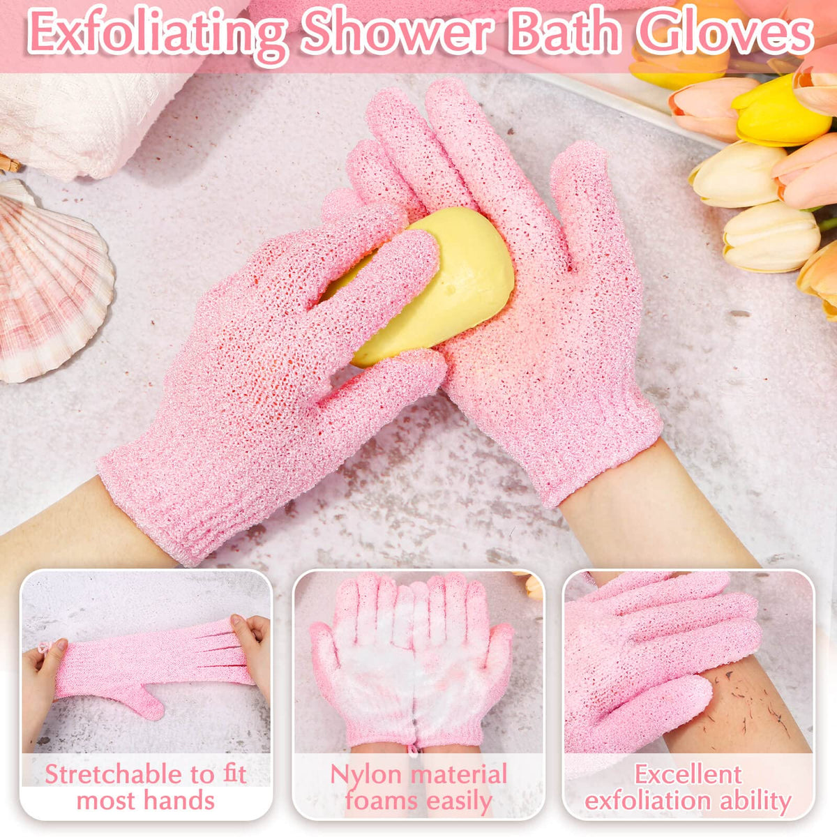 Exfoliating Shower Bath Gloves Back Scrubber Set for Body (3 Count)