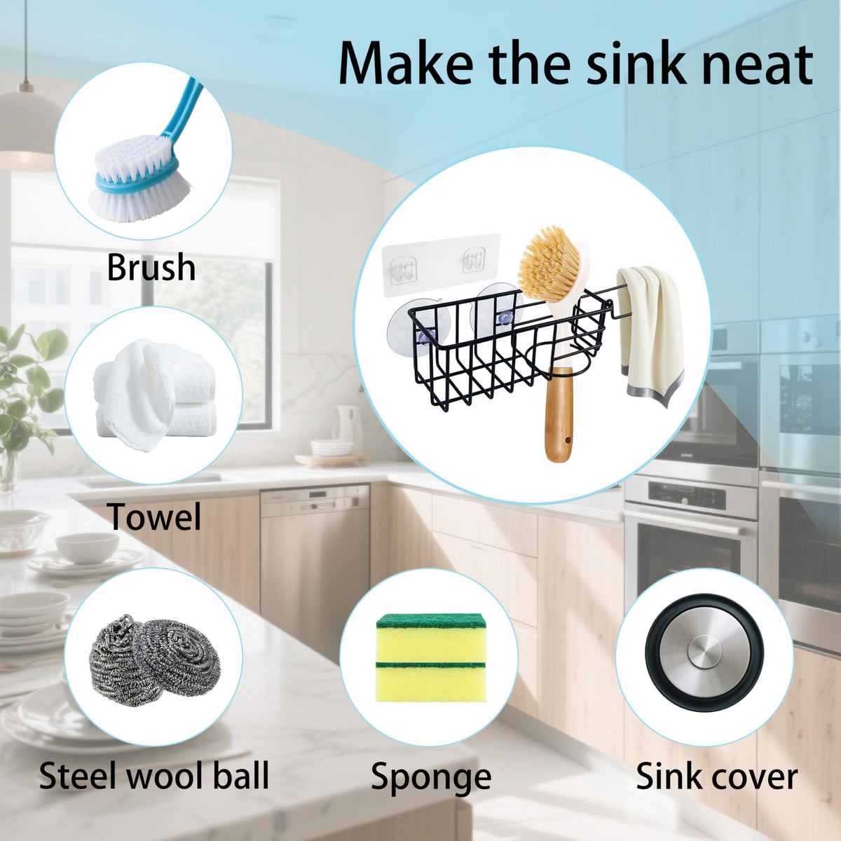 Sponge Holder with Dish Cloth Hanger for Kitchen Sink