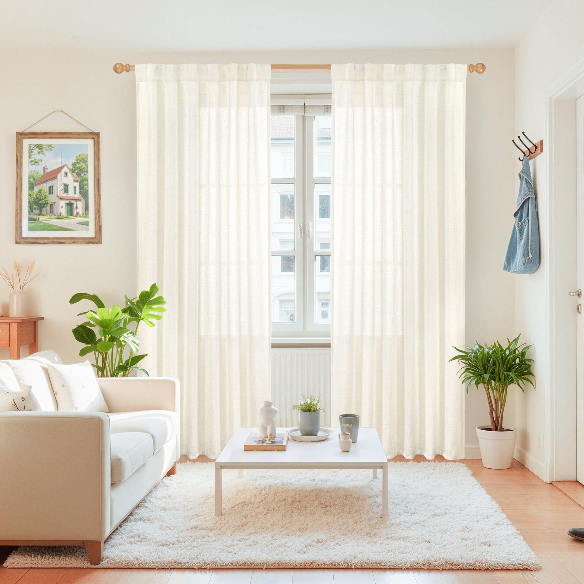 Ivory Linen Semi Sheer Curtains 84 Inches Long Light Filtering (2 Count)