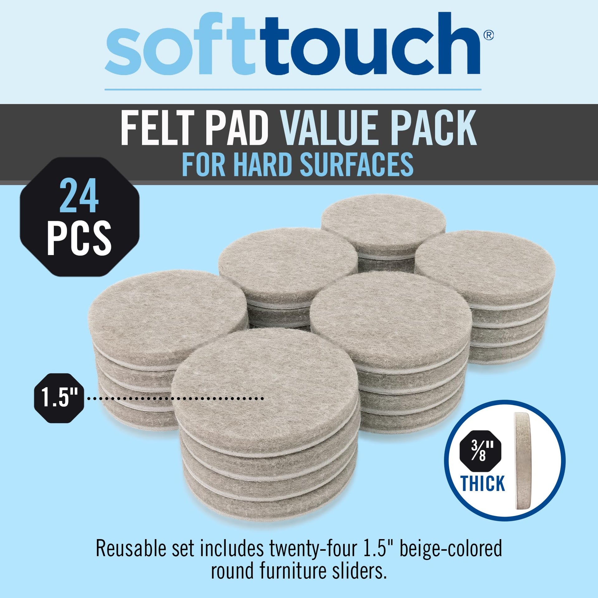 1.5" Round Reusable Felt Furniture Sliders for Hard Surfaces (24 Count)