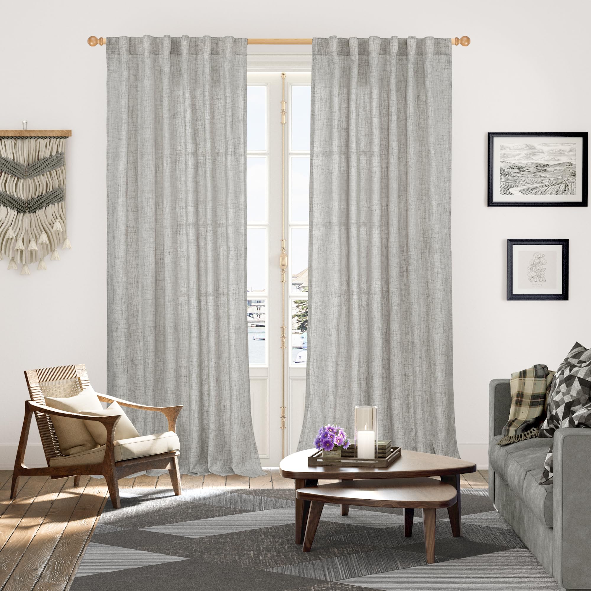 Dark Grey Linen Semi Sheer Curtains 52X95 Inch for Living Room Floor Length (2 Count)