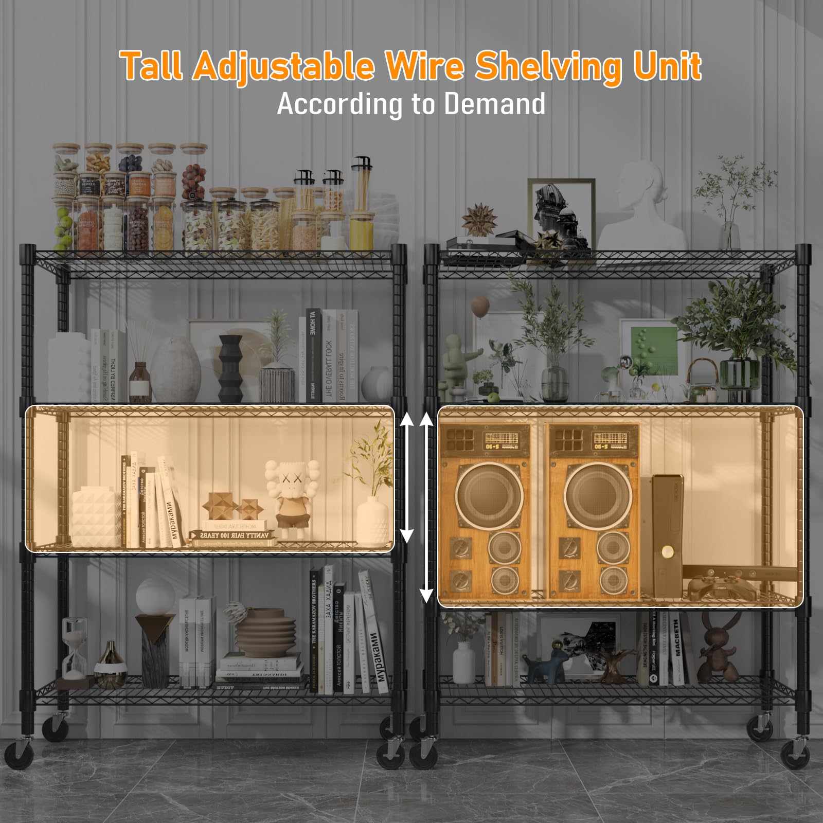 18" D×36" W×72" H Storage Shelves with Wheels Metal Wire Shelving Unit 4 Tier Adjustable Shelving Heavy Duty Garage Shelf Organizer Rack Loads 1600LBS