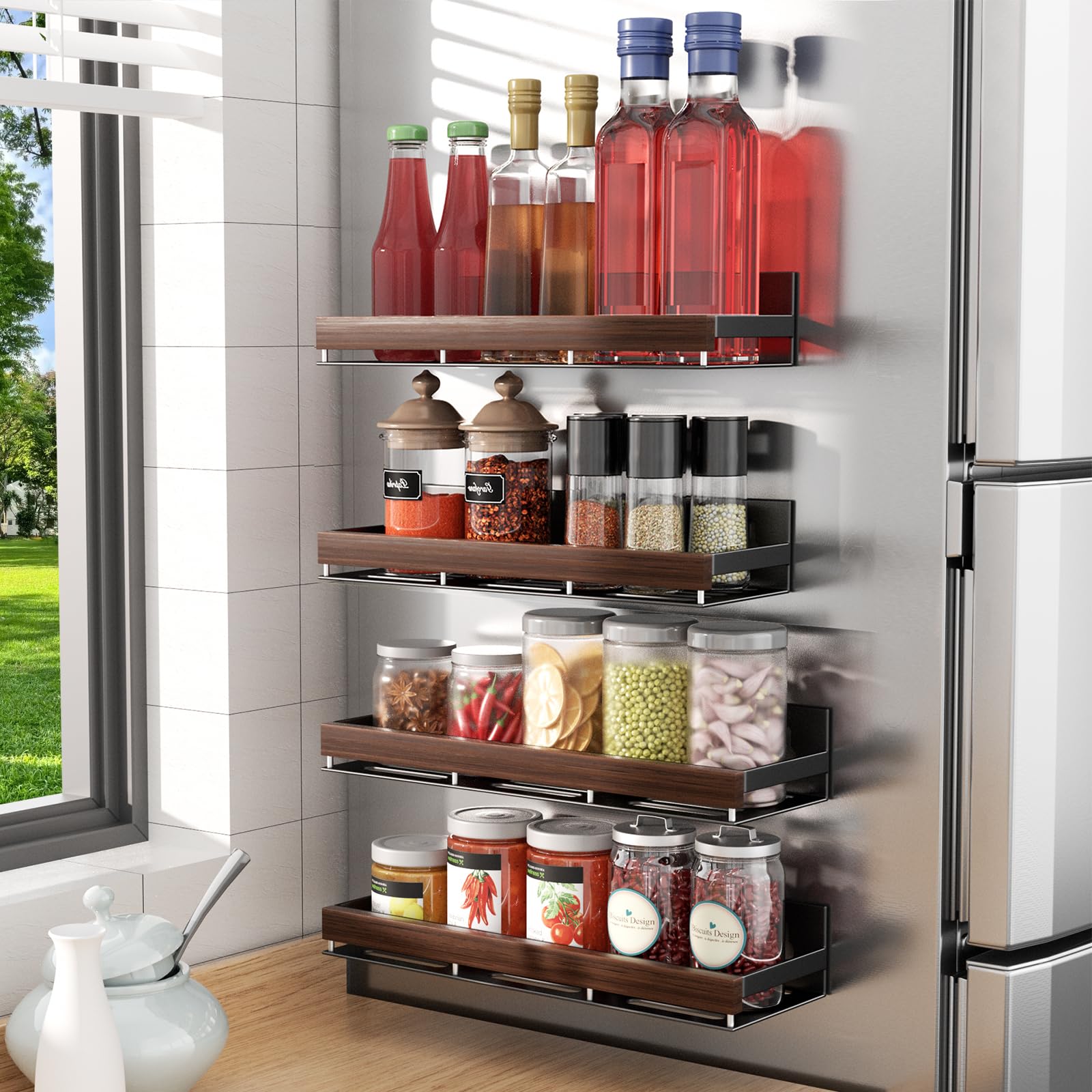 Walnut Magnetic Spice organizer for Refrigerator Wall Mount Spice Rack Magnetic Fridge Shelf Spice Jar Seasoning Organizer (2 Count)