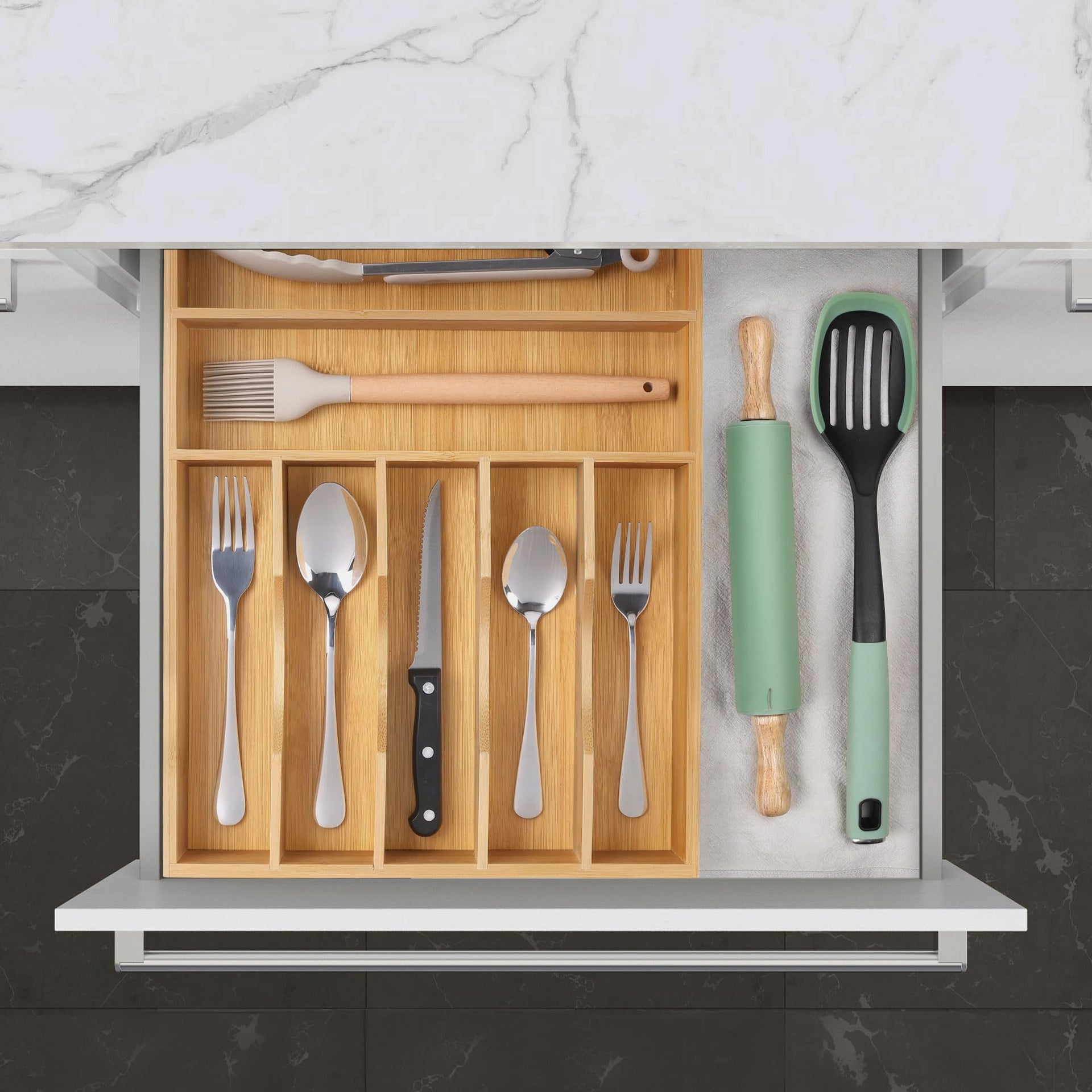 Kitchen Bamboo Silverware Organizer