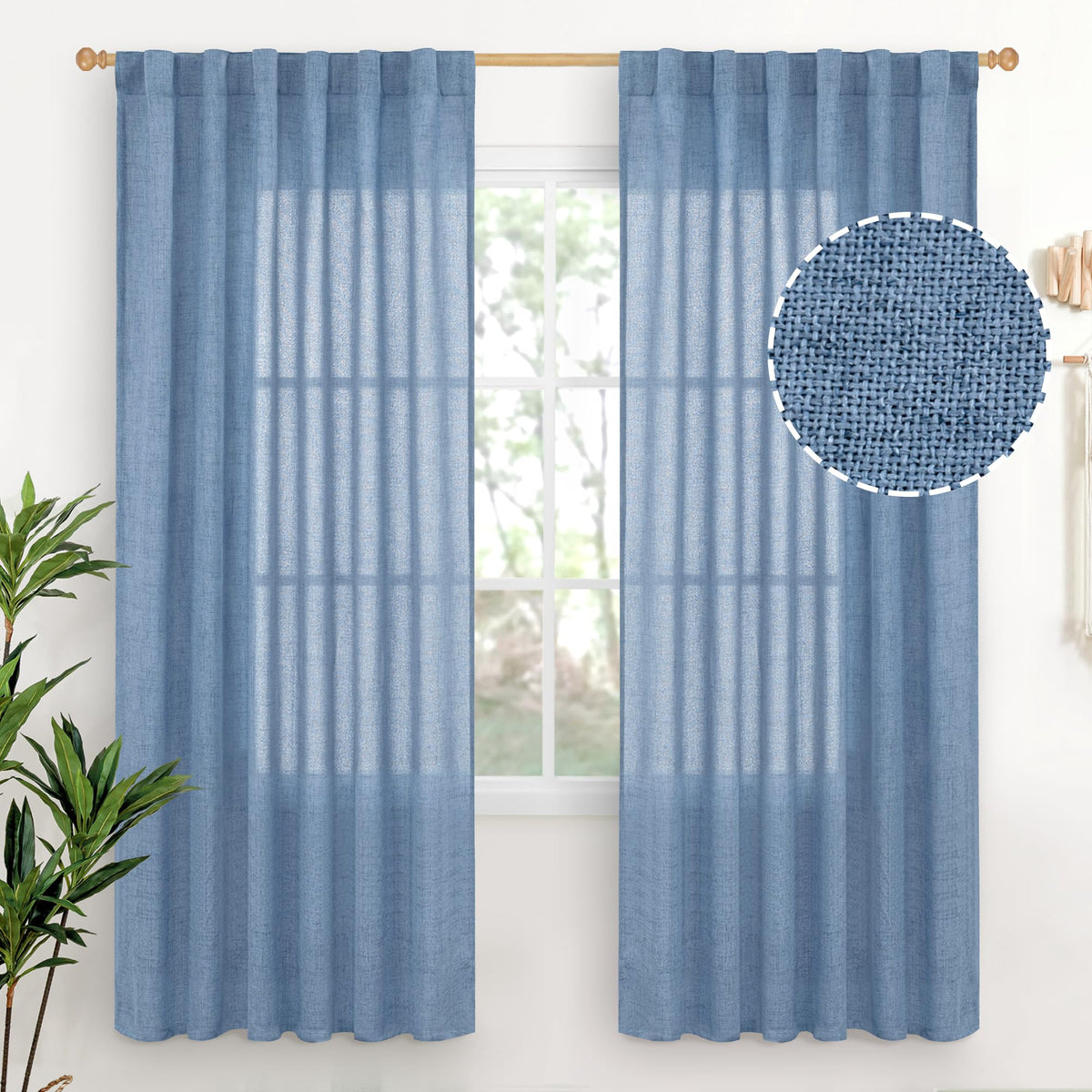 Denim Blue Linen Curtains 72 Inch Length for Living Room (2 Count)