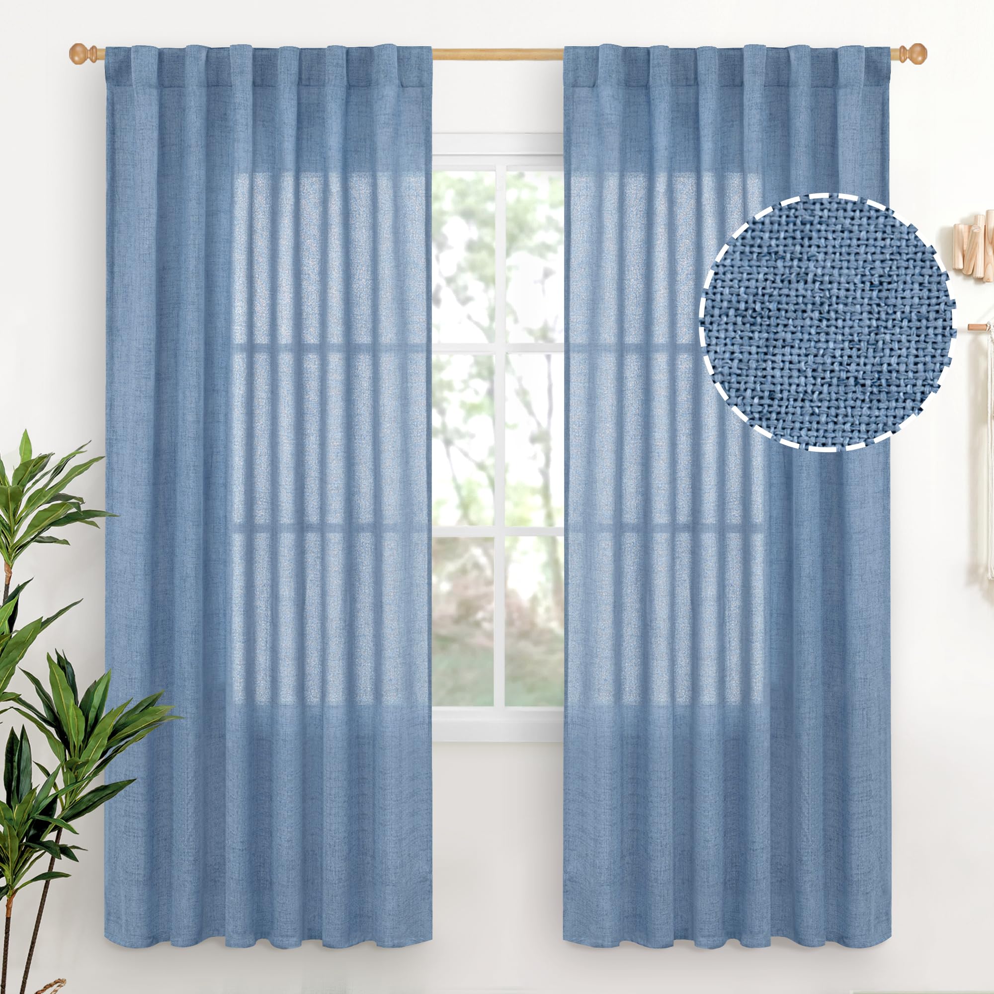 Denim Blue Linen Curtains 72 Inch Length for Living Room (2 Count)