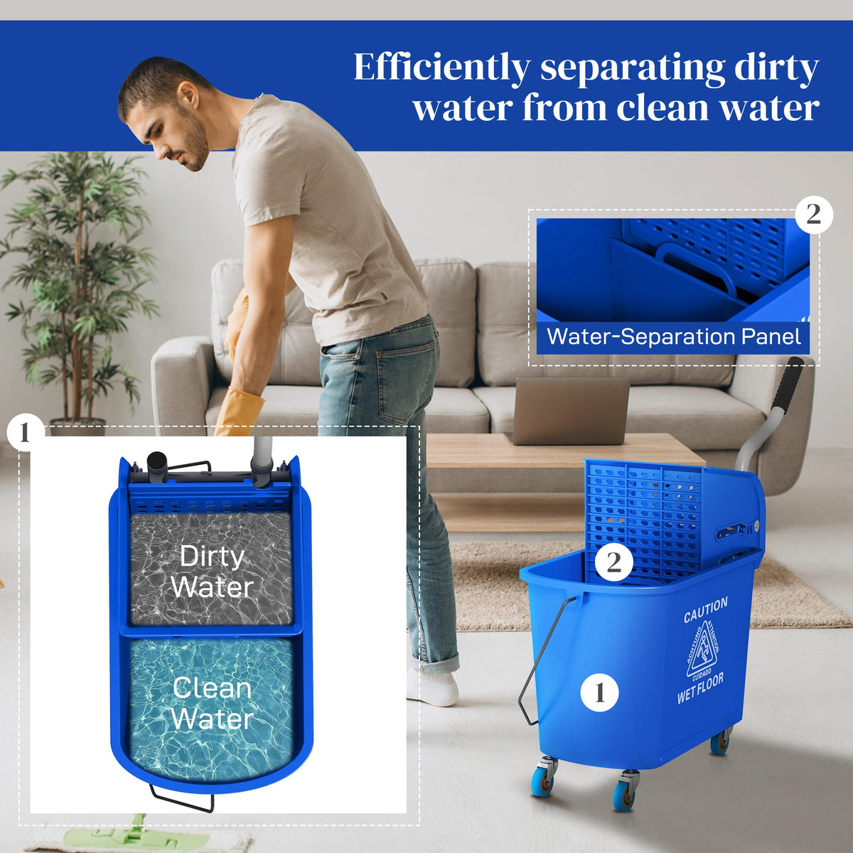 Commercial Mop Bucket Side Press Wringer Wheels 21 Quart Blue
