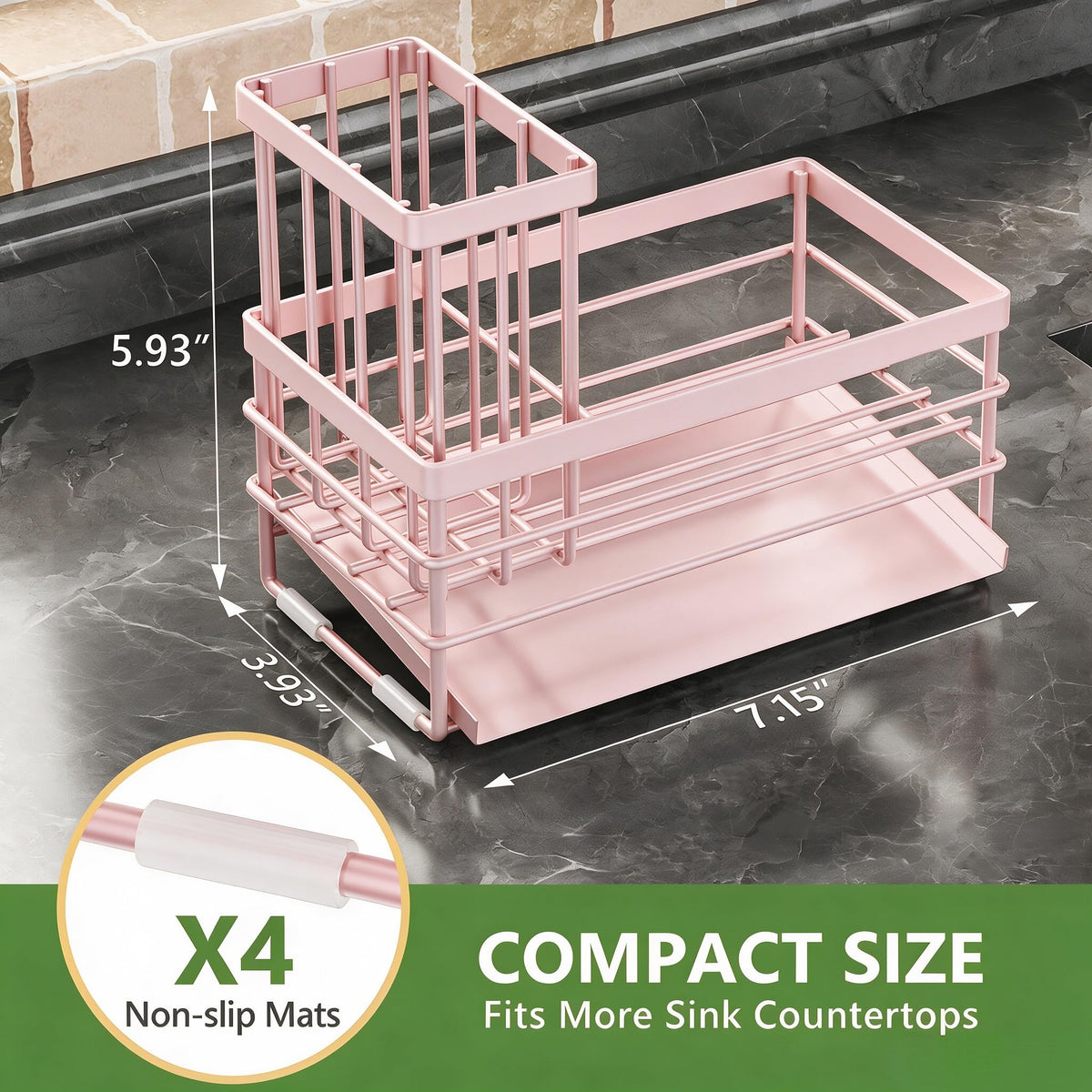 Pink Sink Caddy Sponge Holder for Kitchen with Brush Holder and Stainless Steel Self Drain Tray
